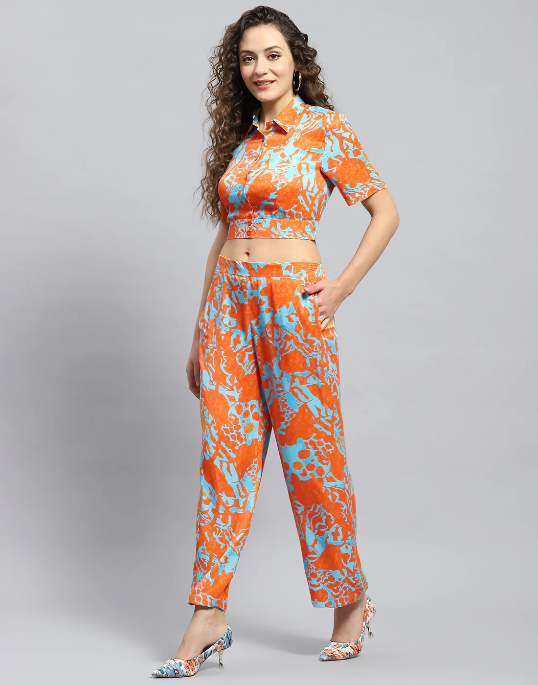 Women Rust Printed Collar Half Sleeve Cords Set - Image 4