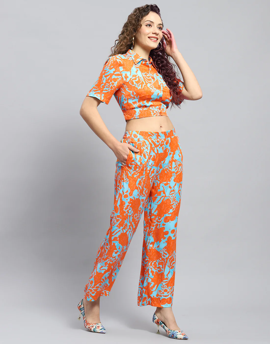 Women Rust Printed Collar Half Sleeve Cords Set - Image 5