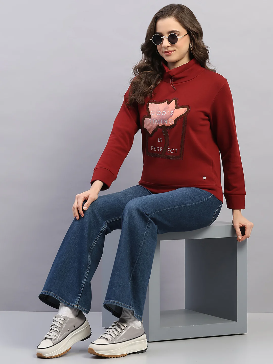 Women Rust Printed High Neck Full Sleeve Sweatshirt - Image 2