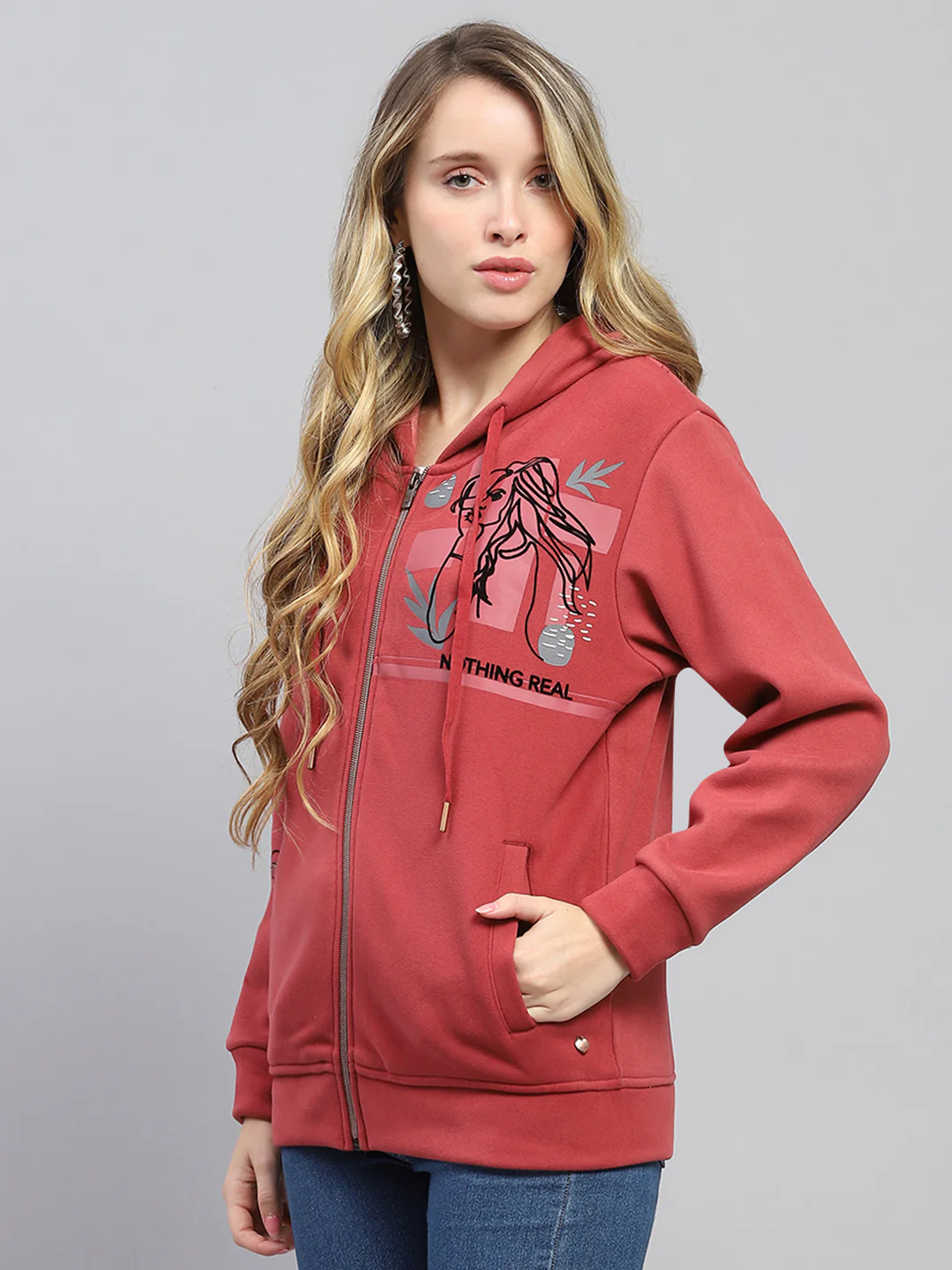Women Rust Printed Hooded Full Sleeve Sweatshirt - Image 3