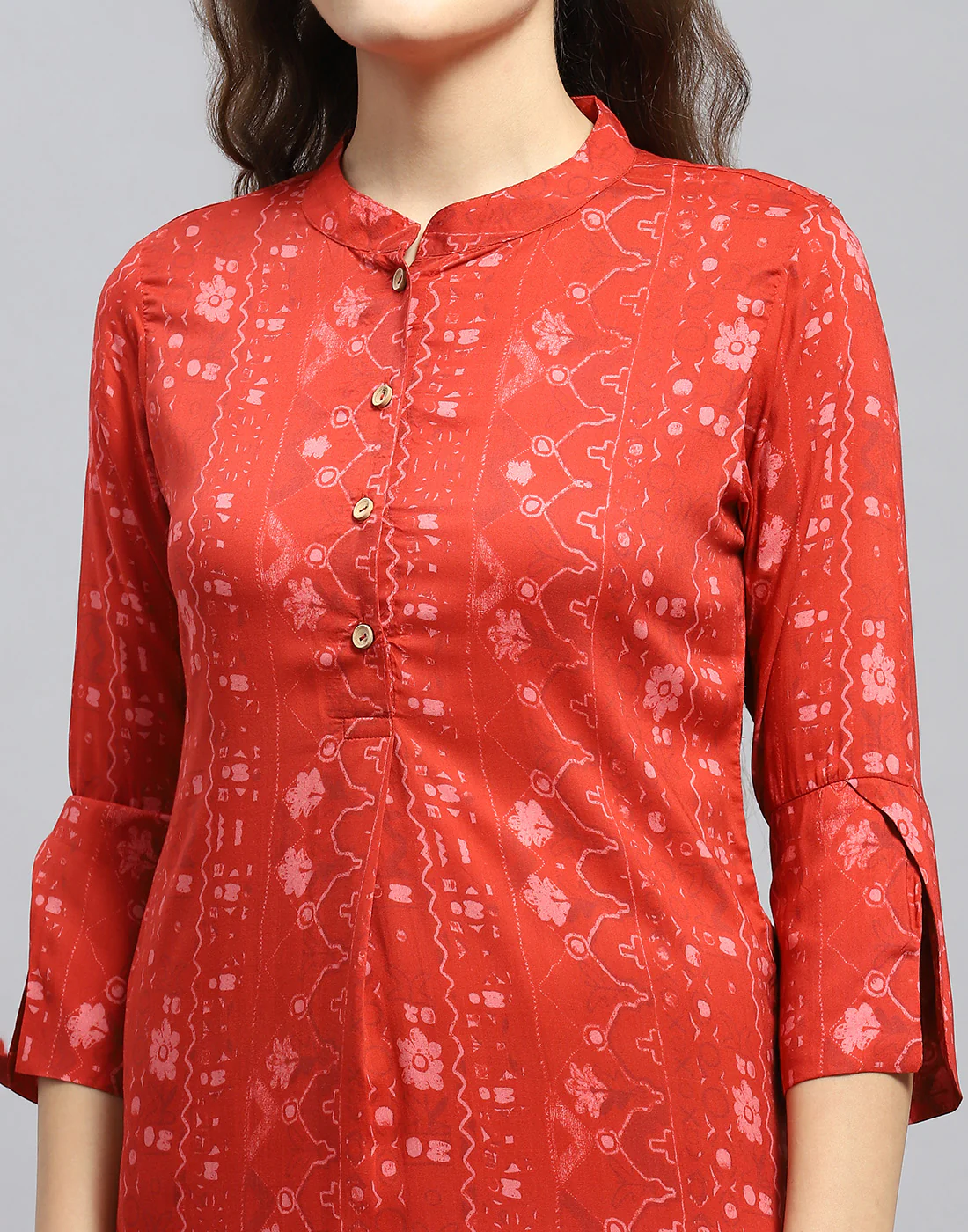 Women Rust Printed Mandarin Collar 3/4 Sleeve Tunic - Image 2