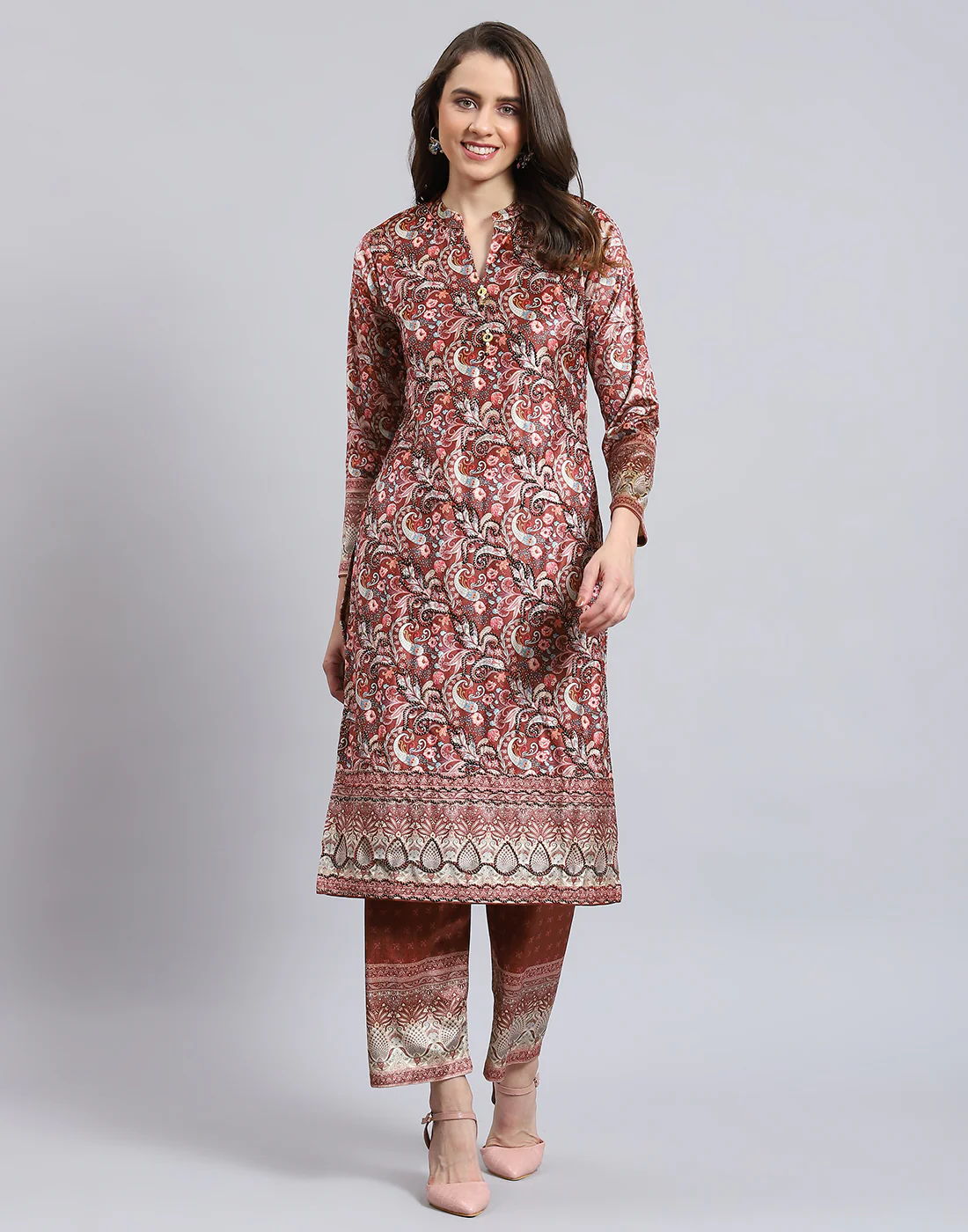 Women Rust Printed Mandarin Collar 3/4th Sleeve Kurtis Set - Image 2