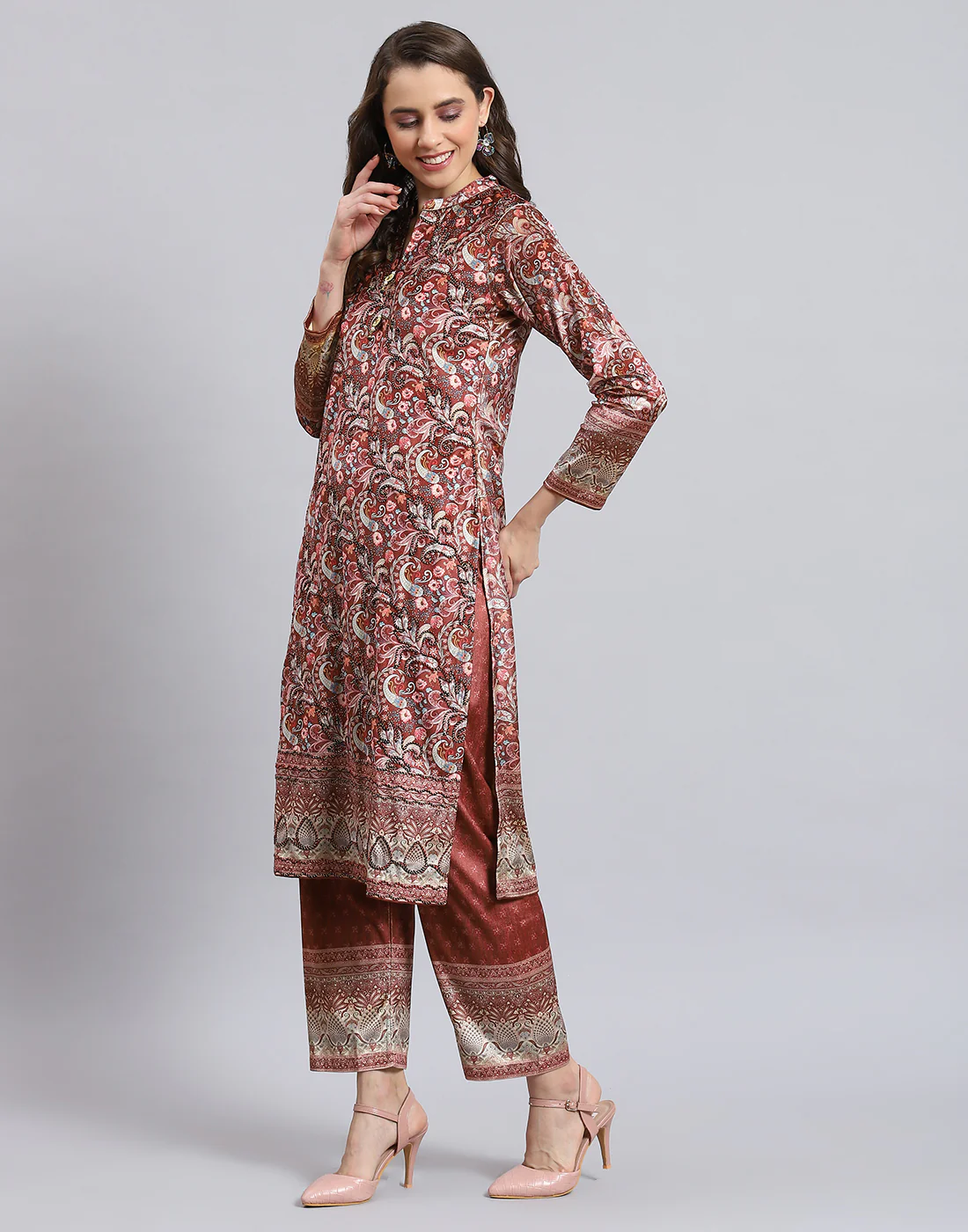 Women Rust Printed Mandarin Collar 3/4th Sleeve Kurtis Set - Image 3