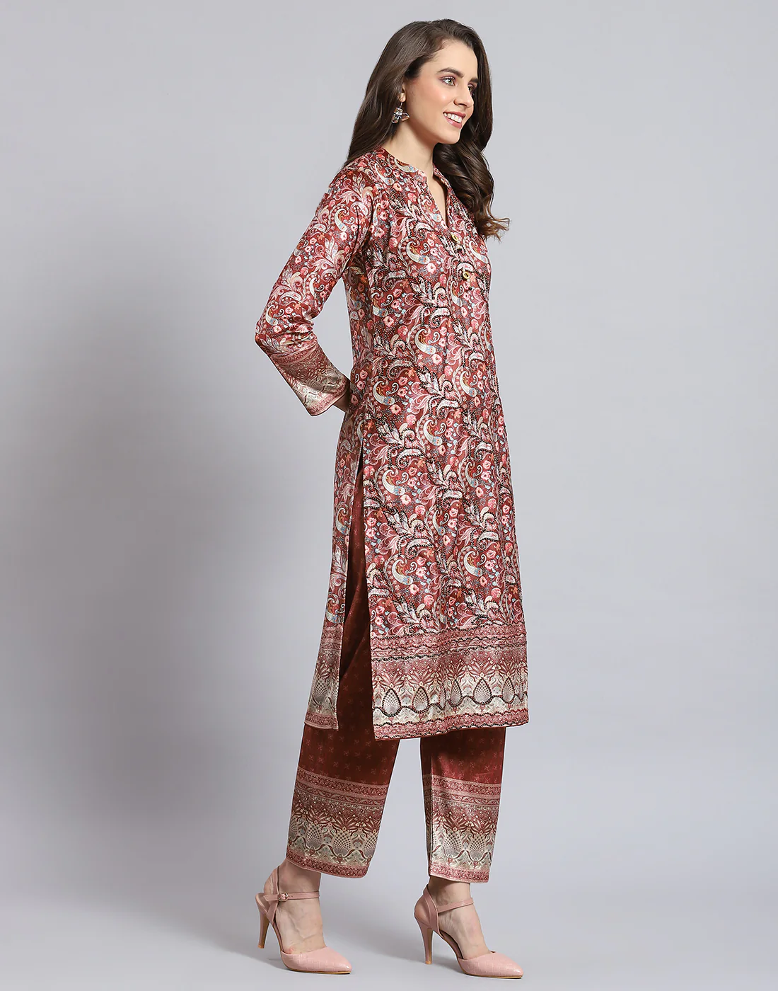 Women Rust Printed Mandarin Collar 3/4th Sleeve Kurtis Set - Image 4