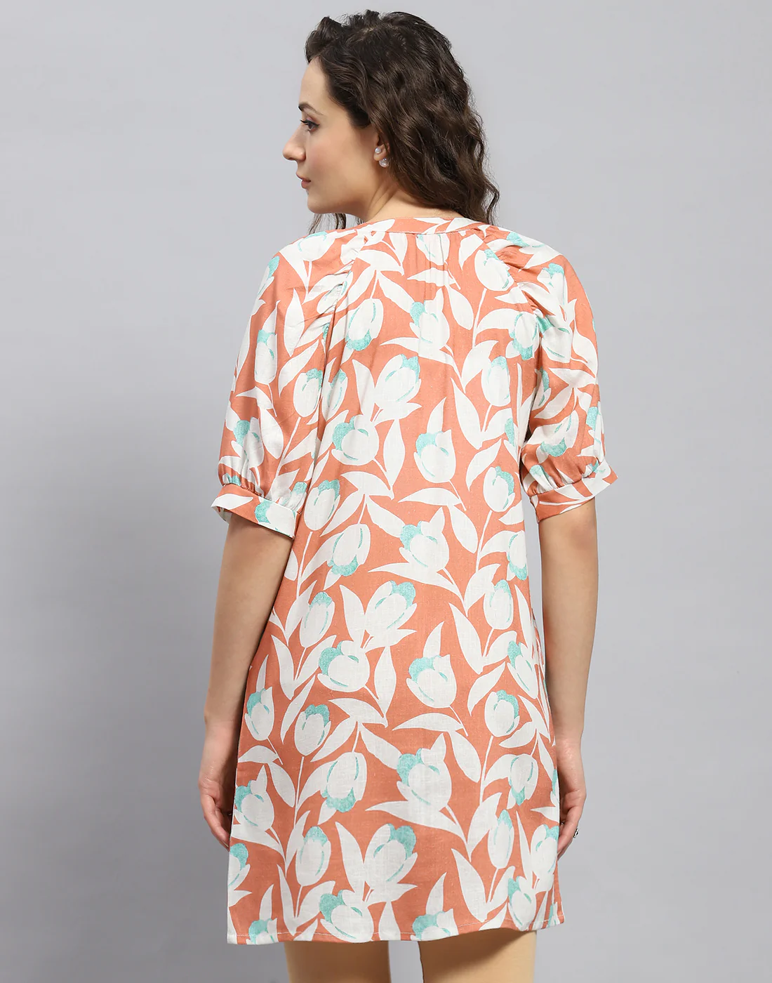 Women Rust Printed Mandarin Collar Short Sleeve Tunic - Image 5
