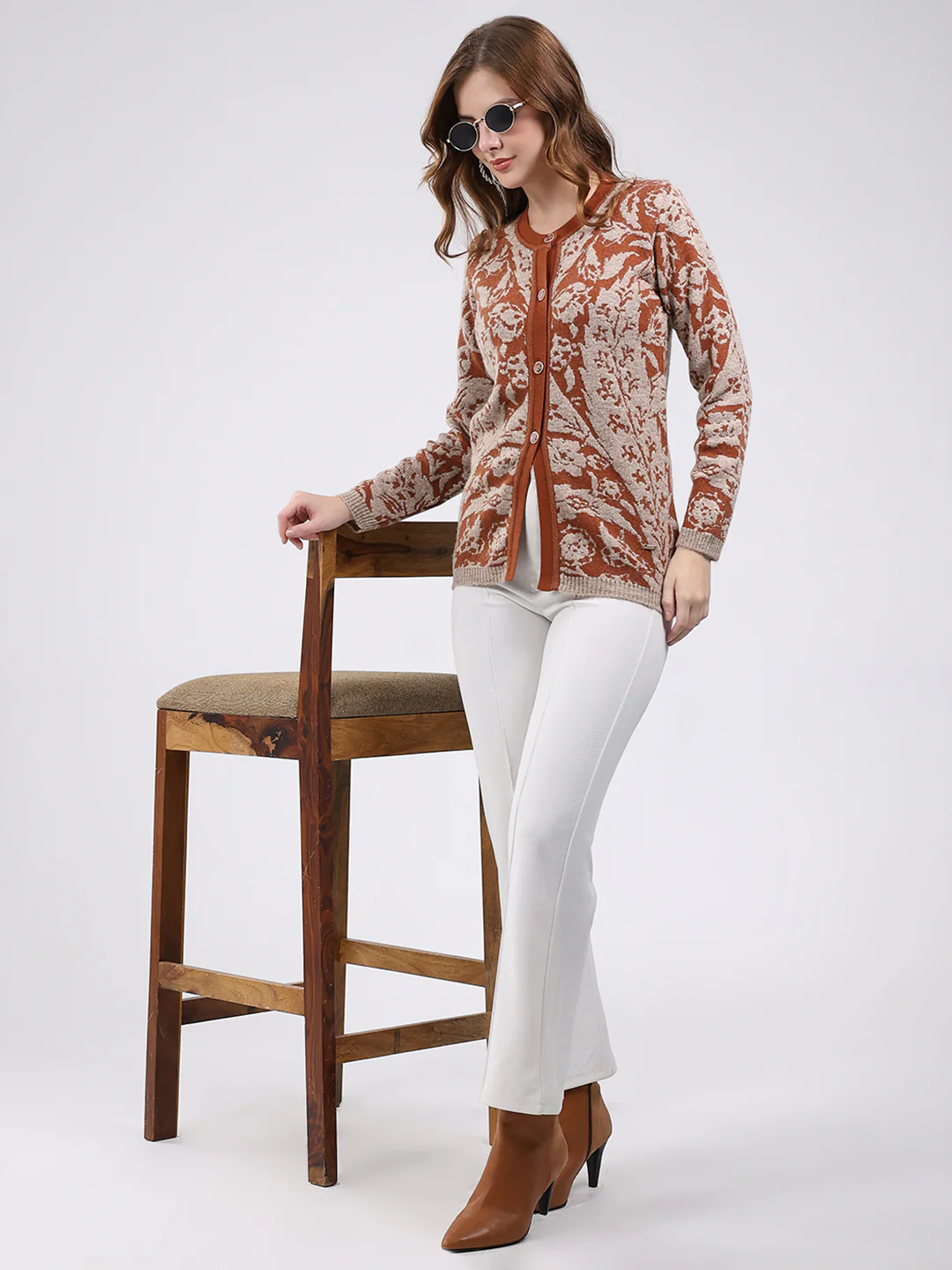 Women Rust Printed Round Neck Full Sleeve Cardigan - Image 2