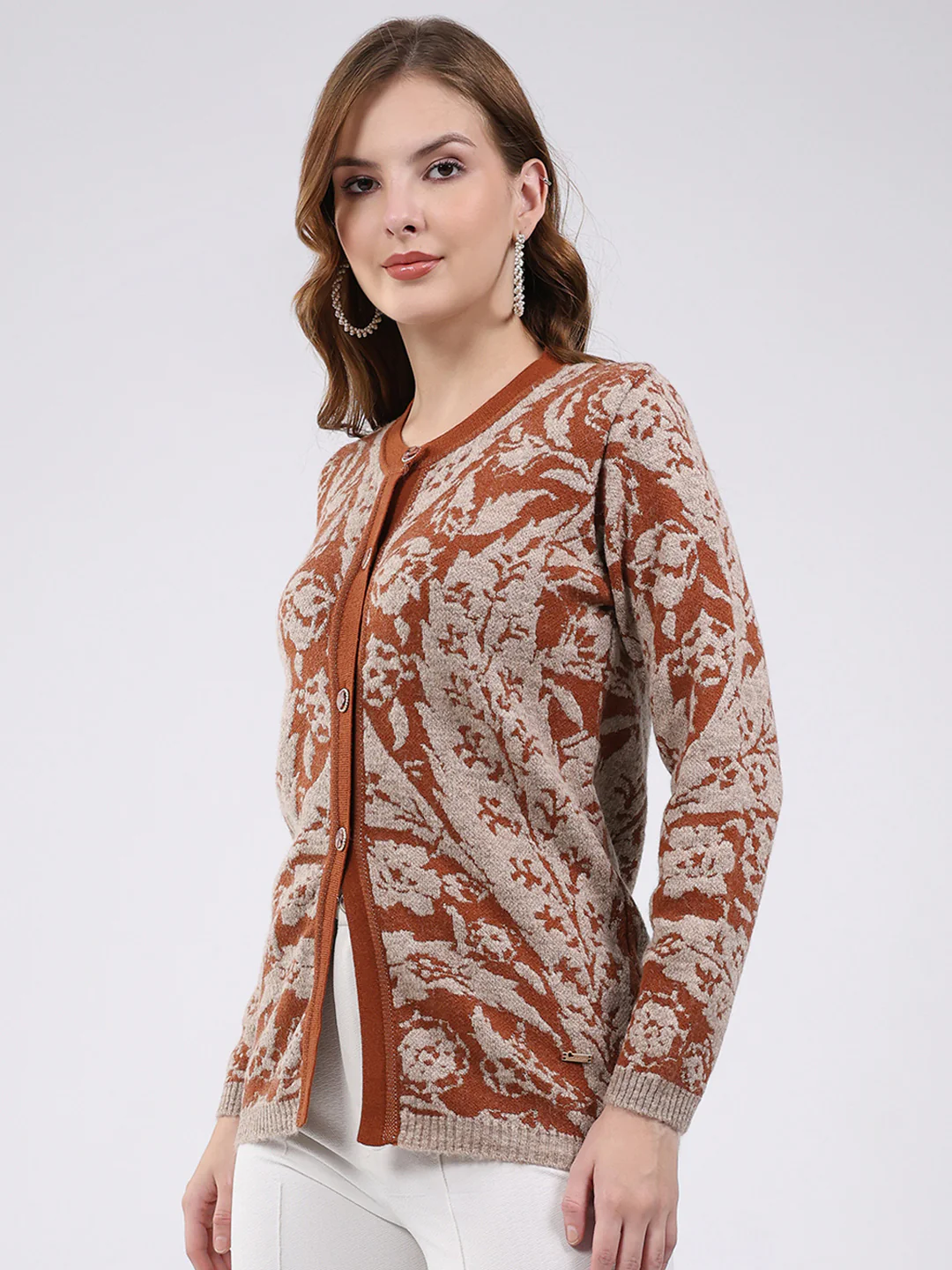 Women Rust Printed Round Neck Full Sleeve Cardigan - Image 3