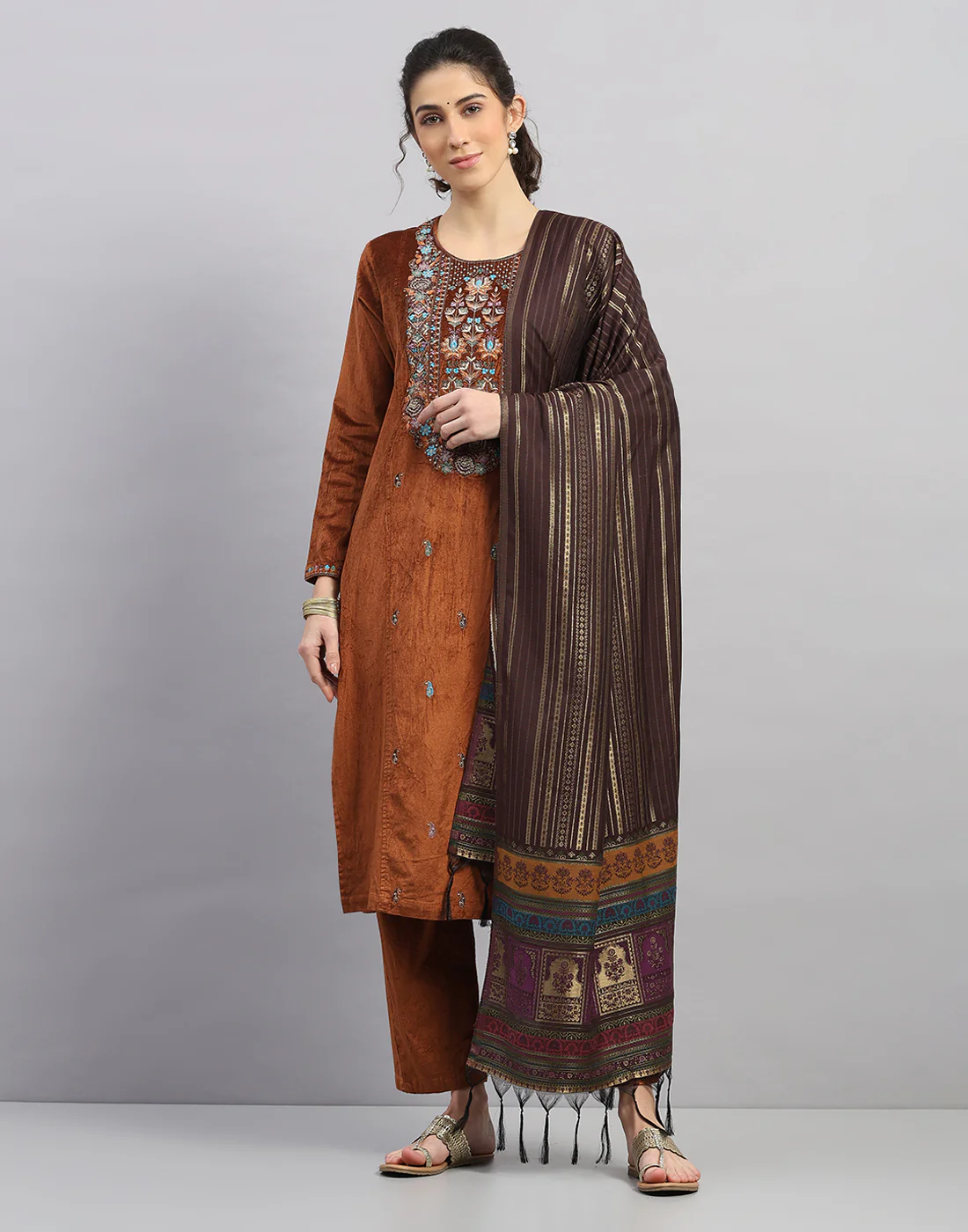 Women Rust Printed Round Neck Full Sleeve 3 Pc Kurtis Set for Winter - Image 4