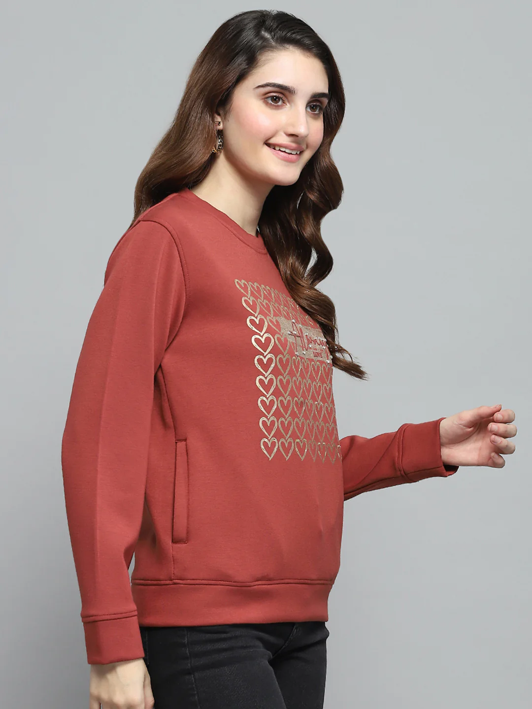 Women Rust Printed Round Neck Full Sleeve Sweatshirt - Image 3
