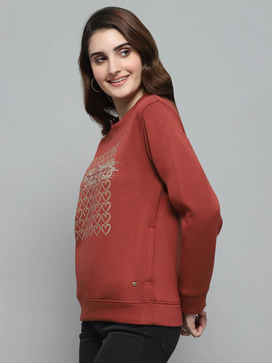 Women Rust Printed Round Neck Full Sleeve Sweatshirt - Image 4