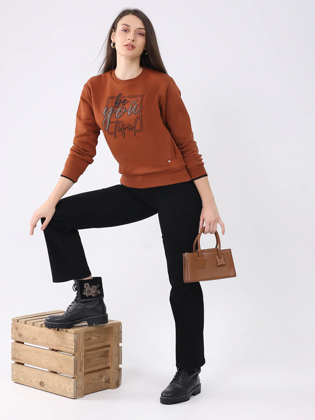 Women Rust Printed Round Neck Full Sleeve Sweatshirt - Image 2