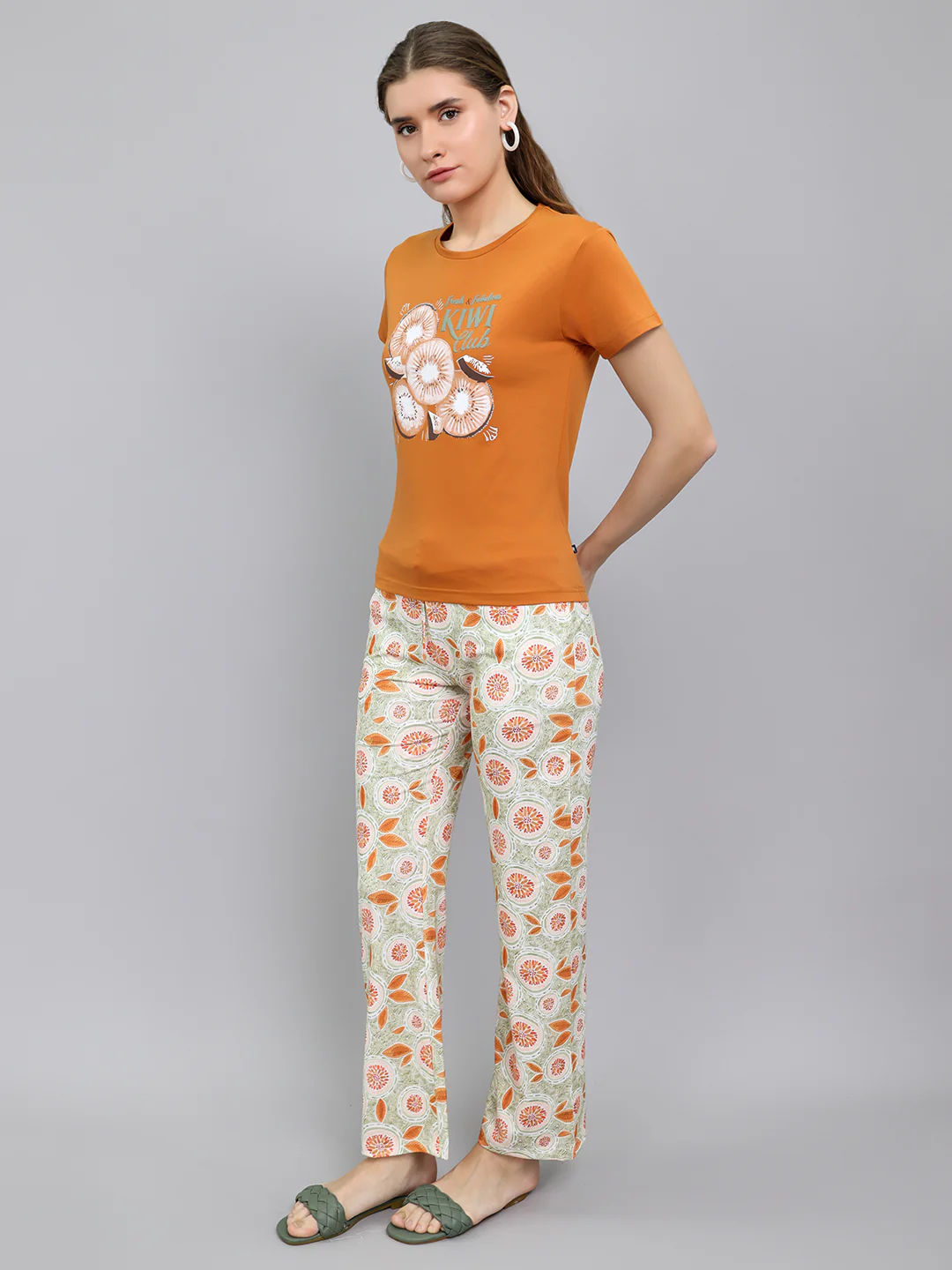 Women Rust Printed Round Neck Half Sleeve Lower Set - Image 2