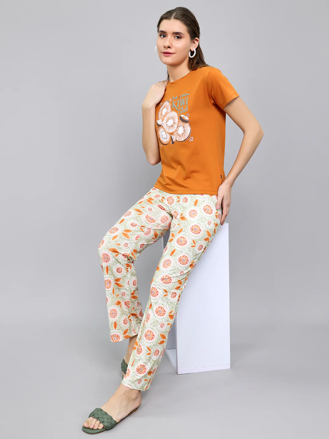 Women Rust Printed Round Neck Half Sleeve Lower Set - Image 6