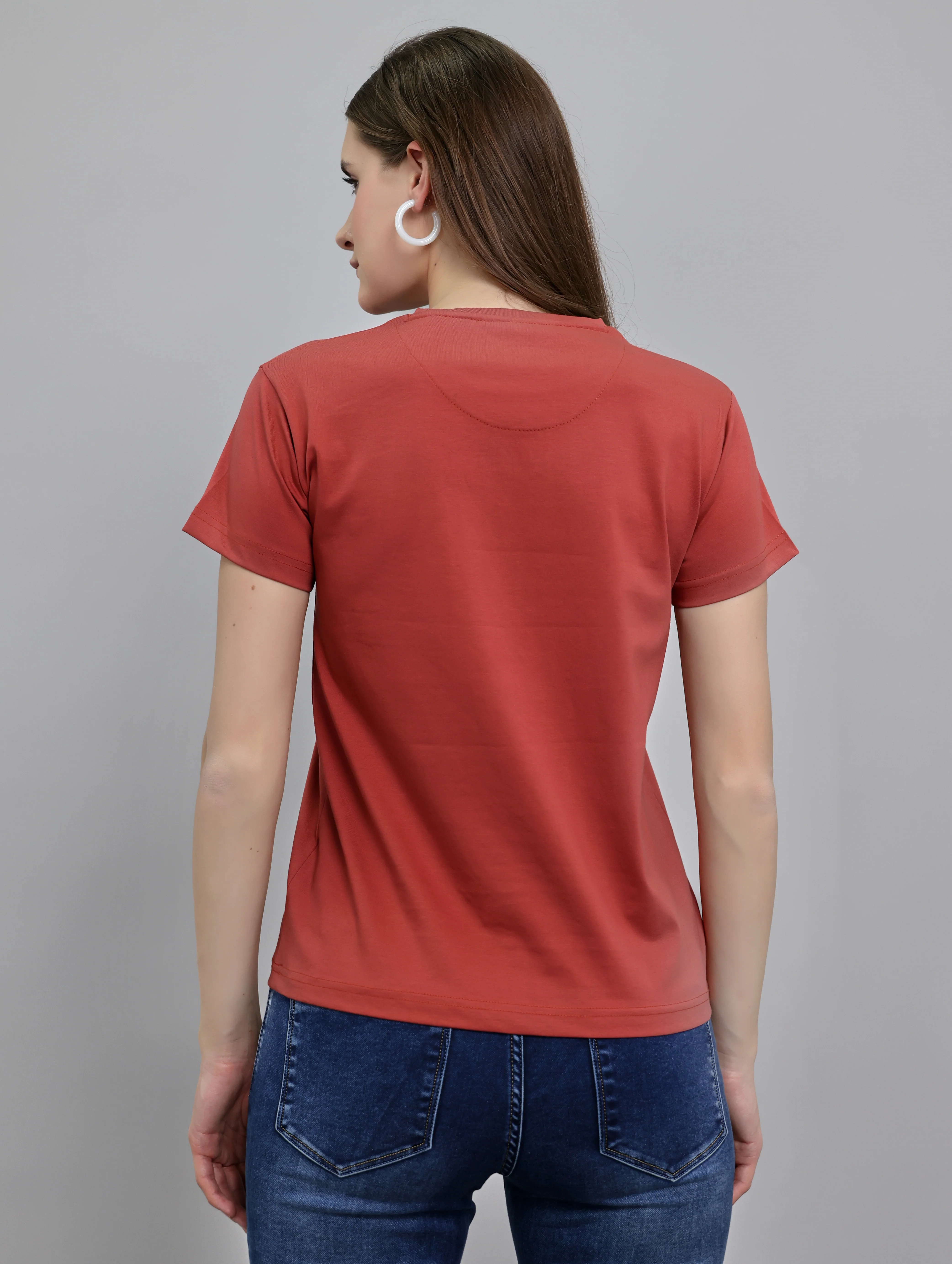 Women Rust Printed Round Neck Half Sleeve Top - Image 3