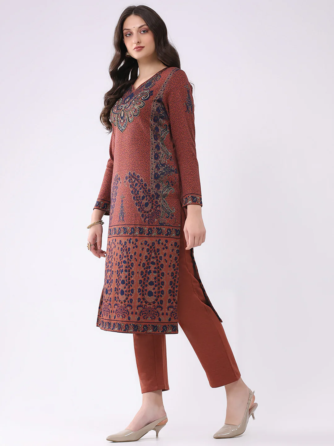 Women Rust Printed V Neck Full Sleeve Kurti Set for Winter - Image 3