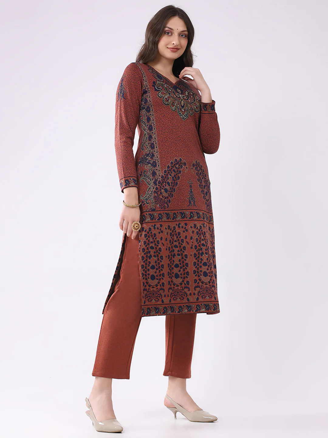Women Rust Printed V Neck Full Sleeve Kurti Set for Winter - Image 4
