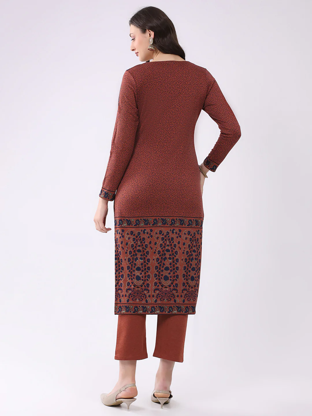 Women Rust Printed V Neck Full Sleeve Kurti Set for Winter - Image 5