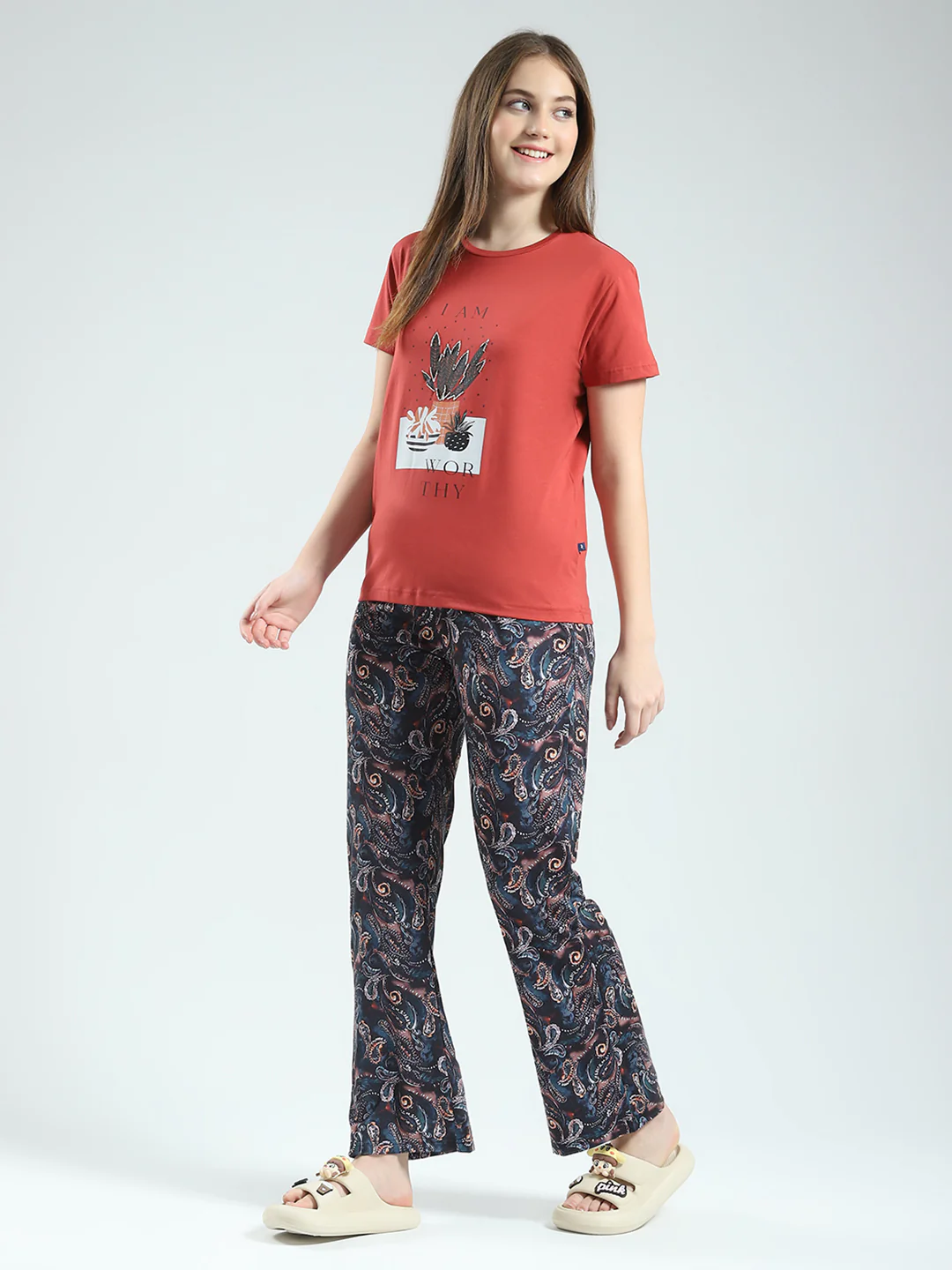 Women Rust Printed Round Neck Half Sleeve Lower Set - Image 3