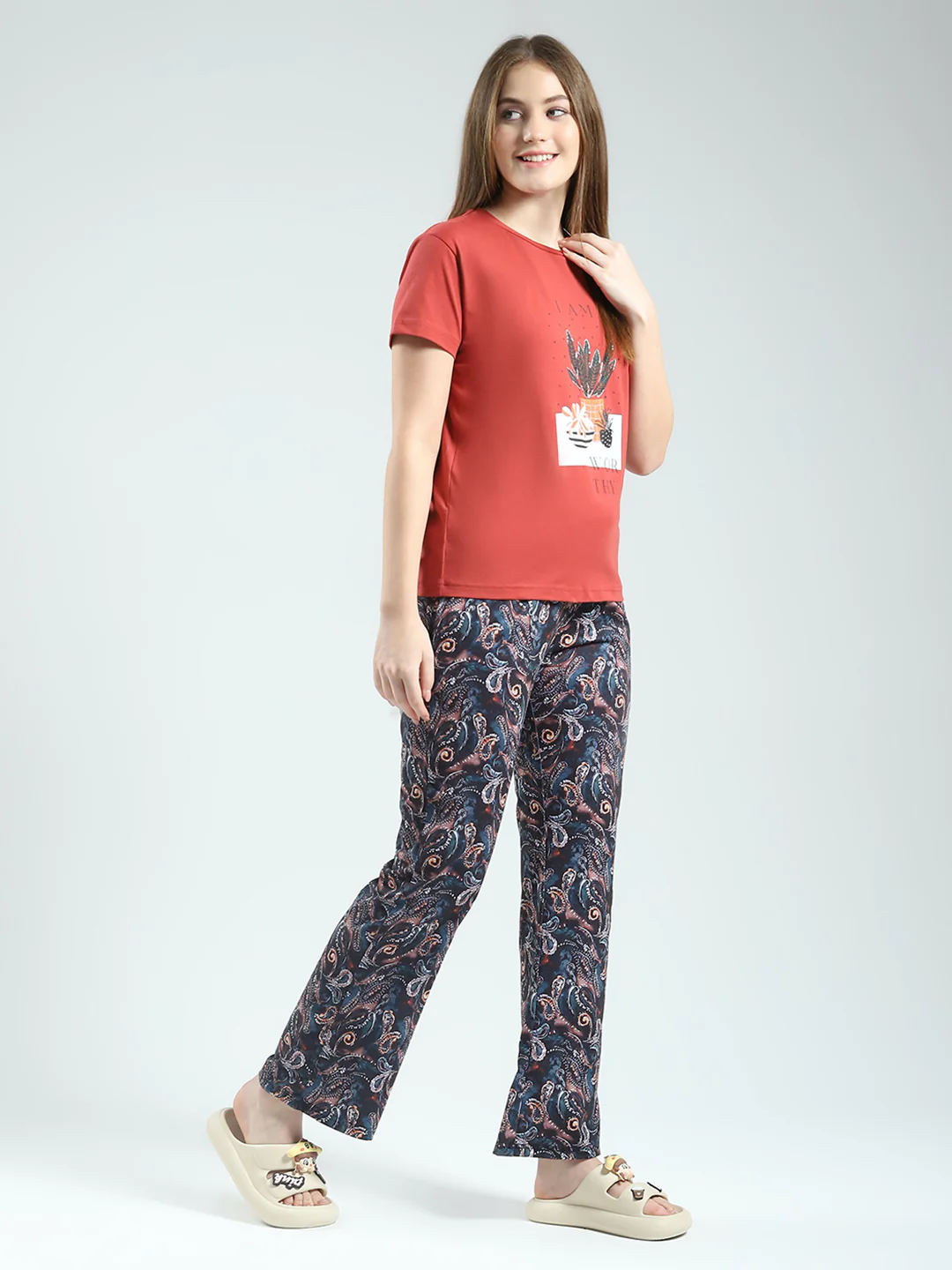 Women Rust Printed Round Neck Half Sleeve Lower Set - Image 4