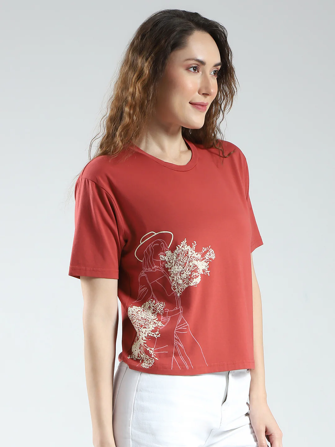 Women Rust Printed Round Neck Half Sleeve Top - Image 4