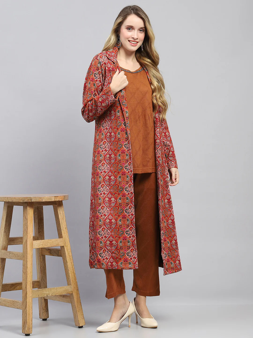 Women Rust Self Design Collar Full Sleeve 3 Pc set (Kurti+Shrug+Lower) - Image 2