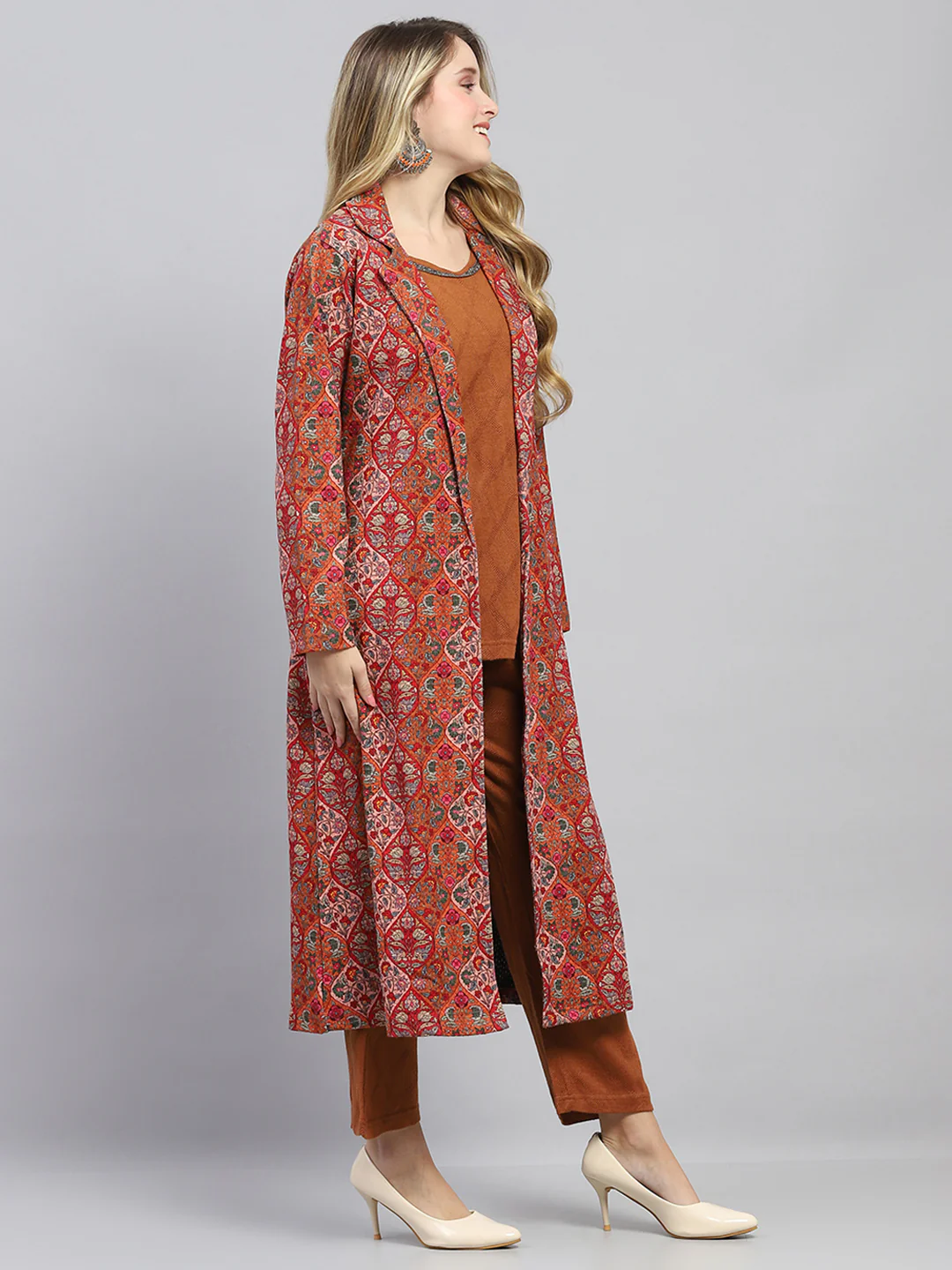 Women Rust Self Design Collar Full Sleeve 3 Pc set (Kurti+Shrug+Lower) - Image 4
