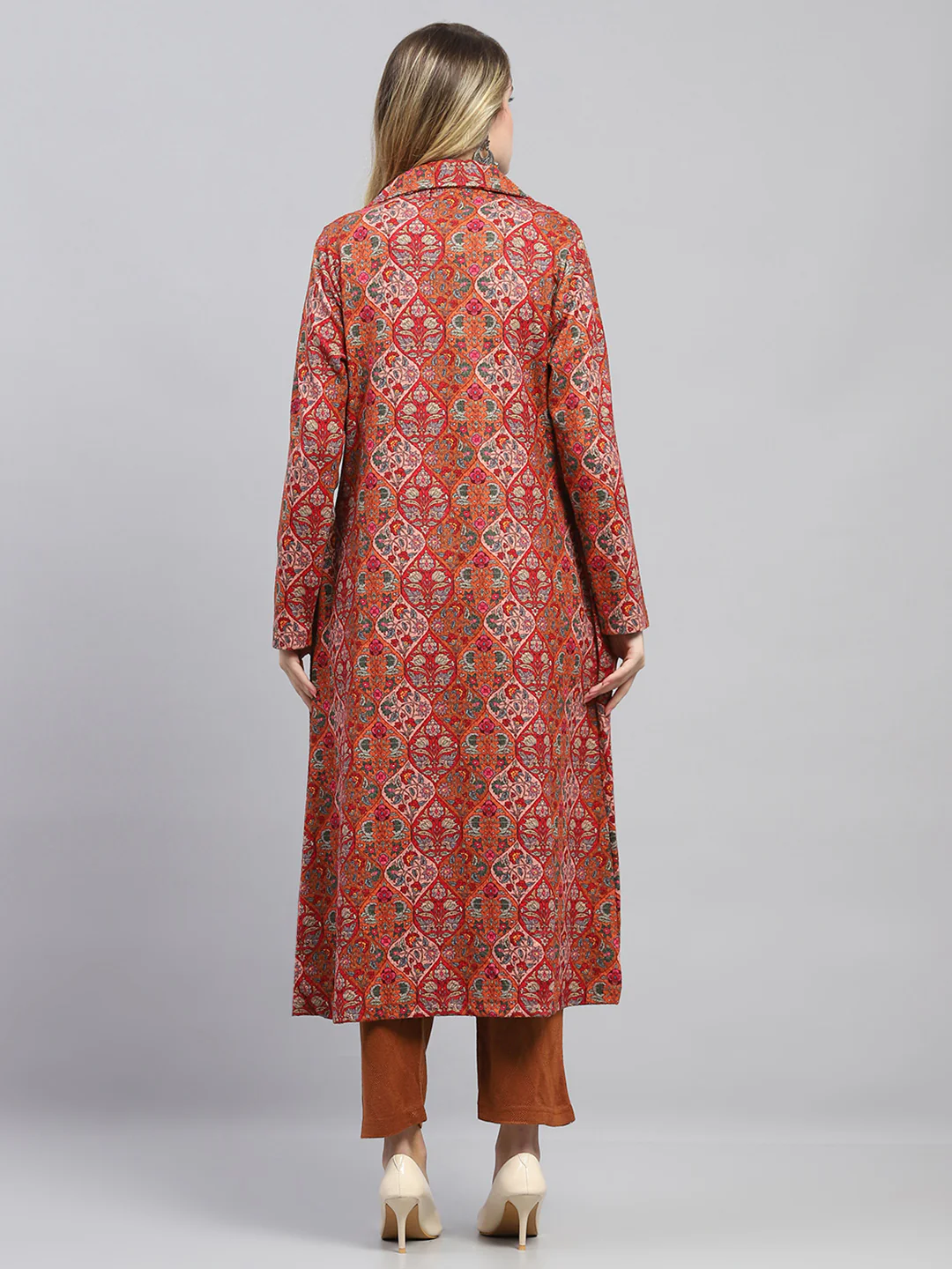 Women Rust Self Design Collar Full Sleeve 3 Pc set (Kurti+Shrug+Lower) - Image 5