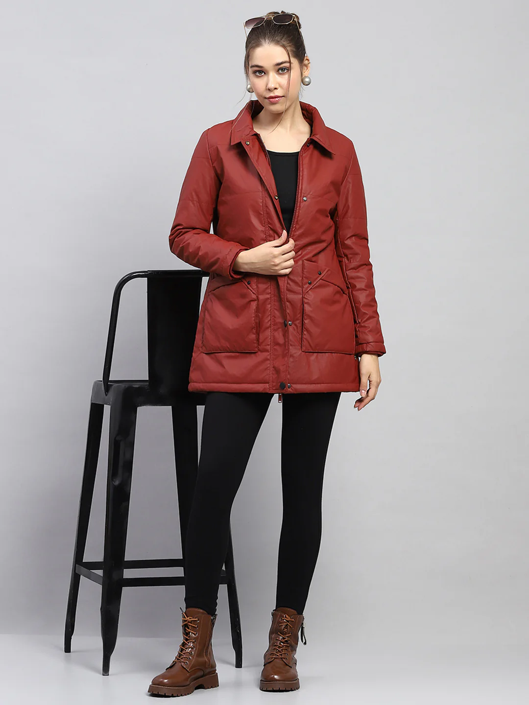 Women Rust Self Design Collar Full Sleeve Jacket - Image 2