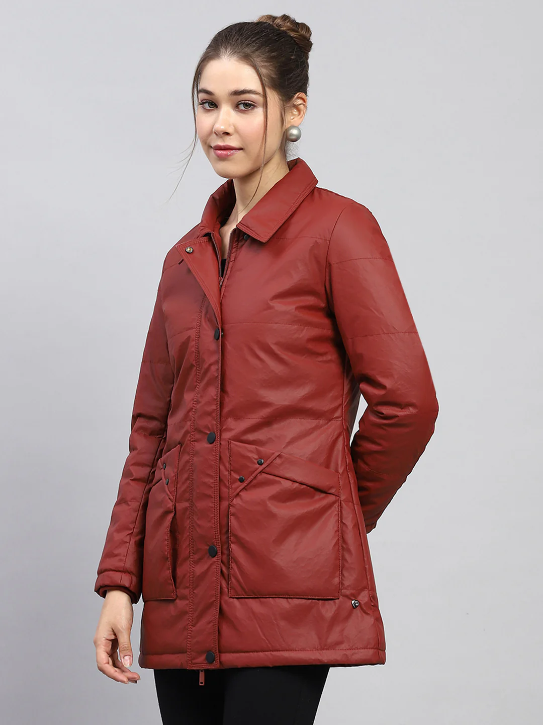 Women Rust Self Design Collar Full Sleeve Jacket - Image 3
