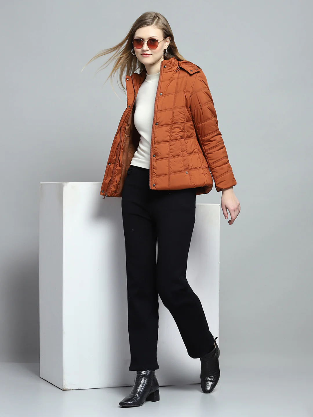Women Rust Self Design Detachable Hood Full Sleeve Jacket - Image 2