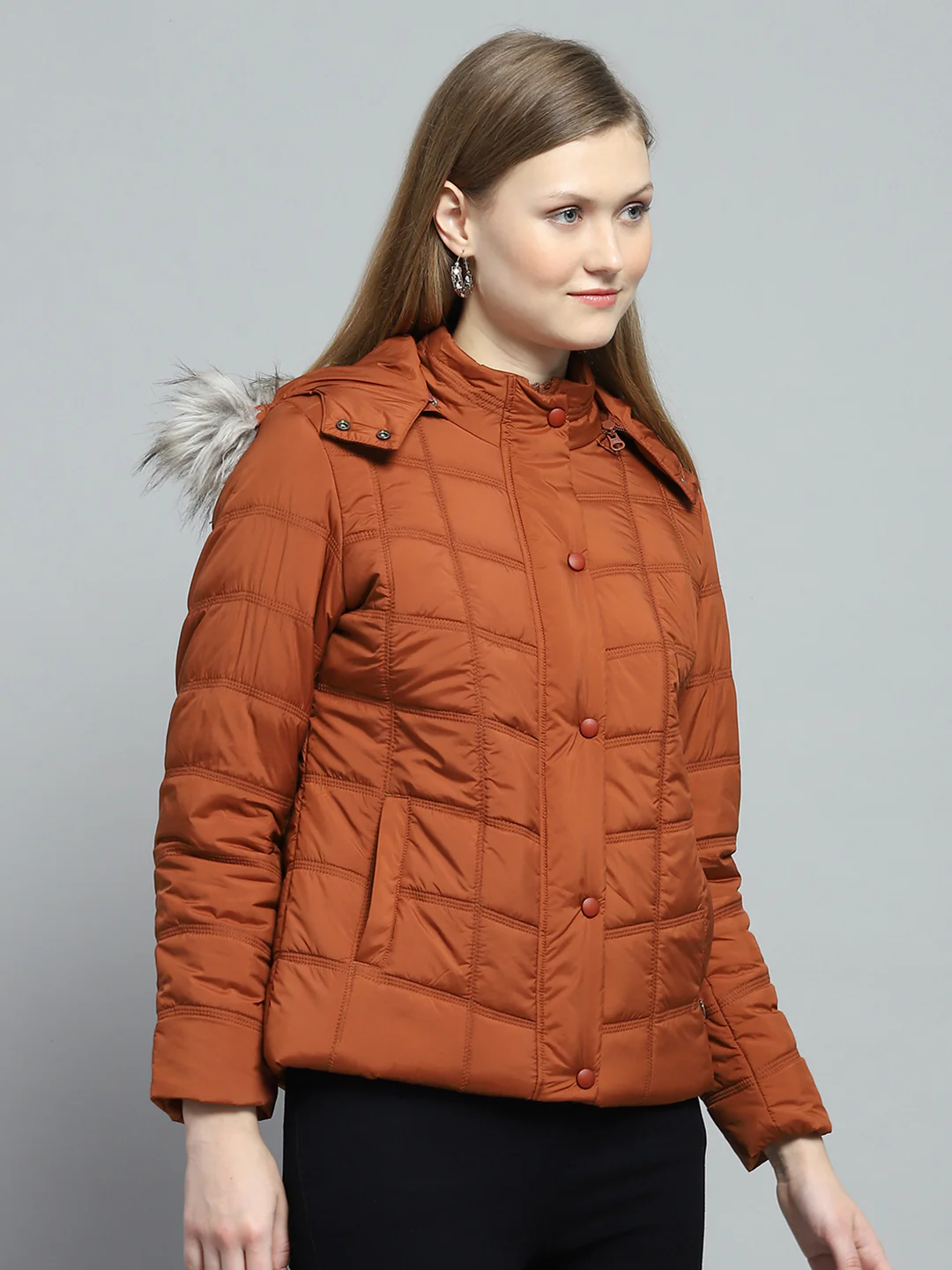 Women Rust Self Design Detachable Hood Full Sleeve Jacket - Image 4