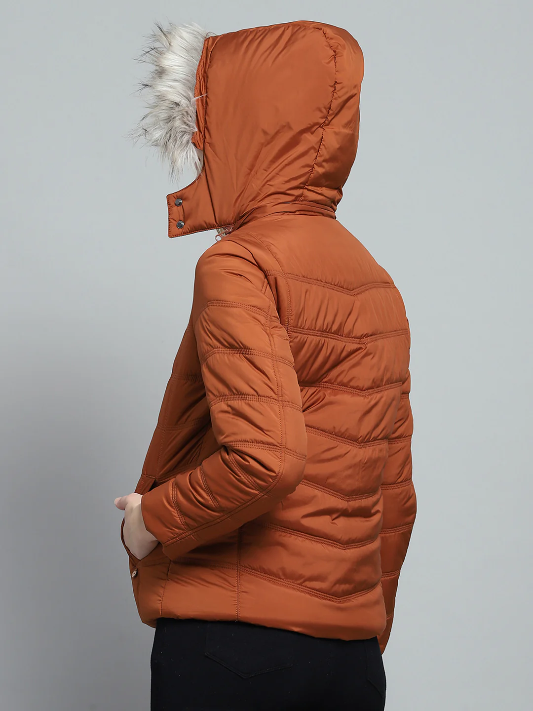 Women Rust Self Design Detachable Hood Full Sleeve Jacket - Image 5