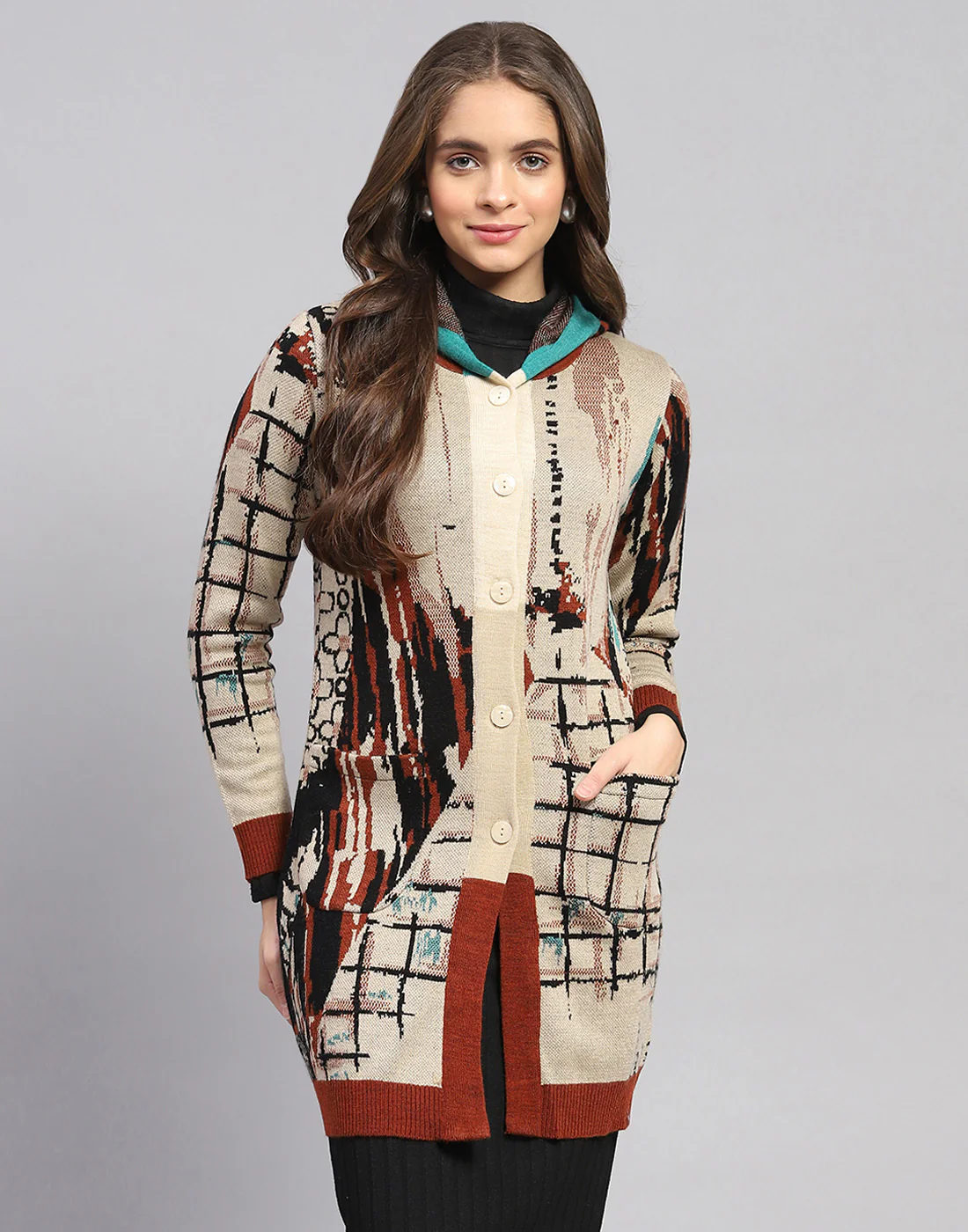 Women Rust Self Design Hooded Full Sleeve Cardigan - Image 2