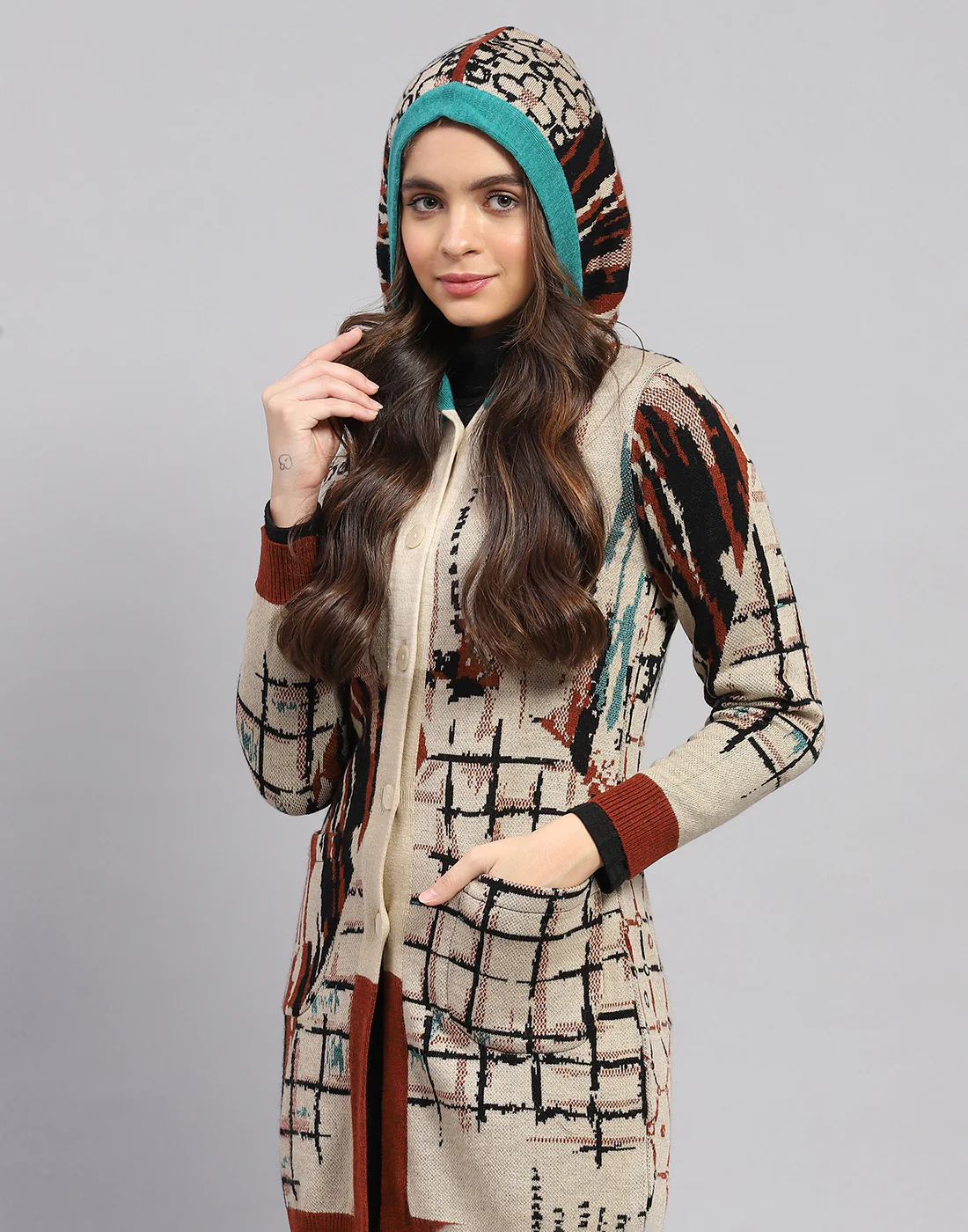 Women Rust Self Design Hooded Full Sleeve Cardigan - Image 7
