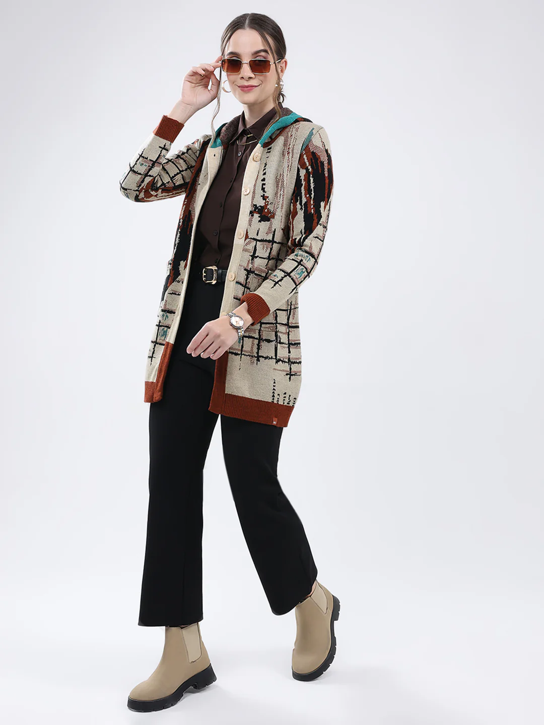 Women Rust Self Design Hooded Full Sleeve Cardigan - Image 2