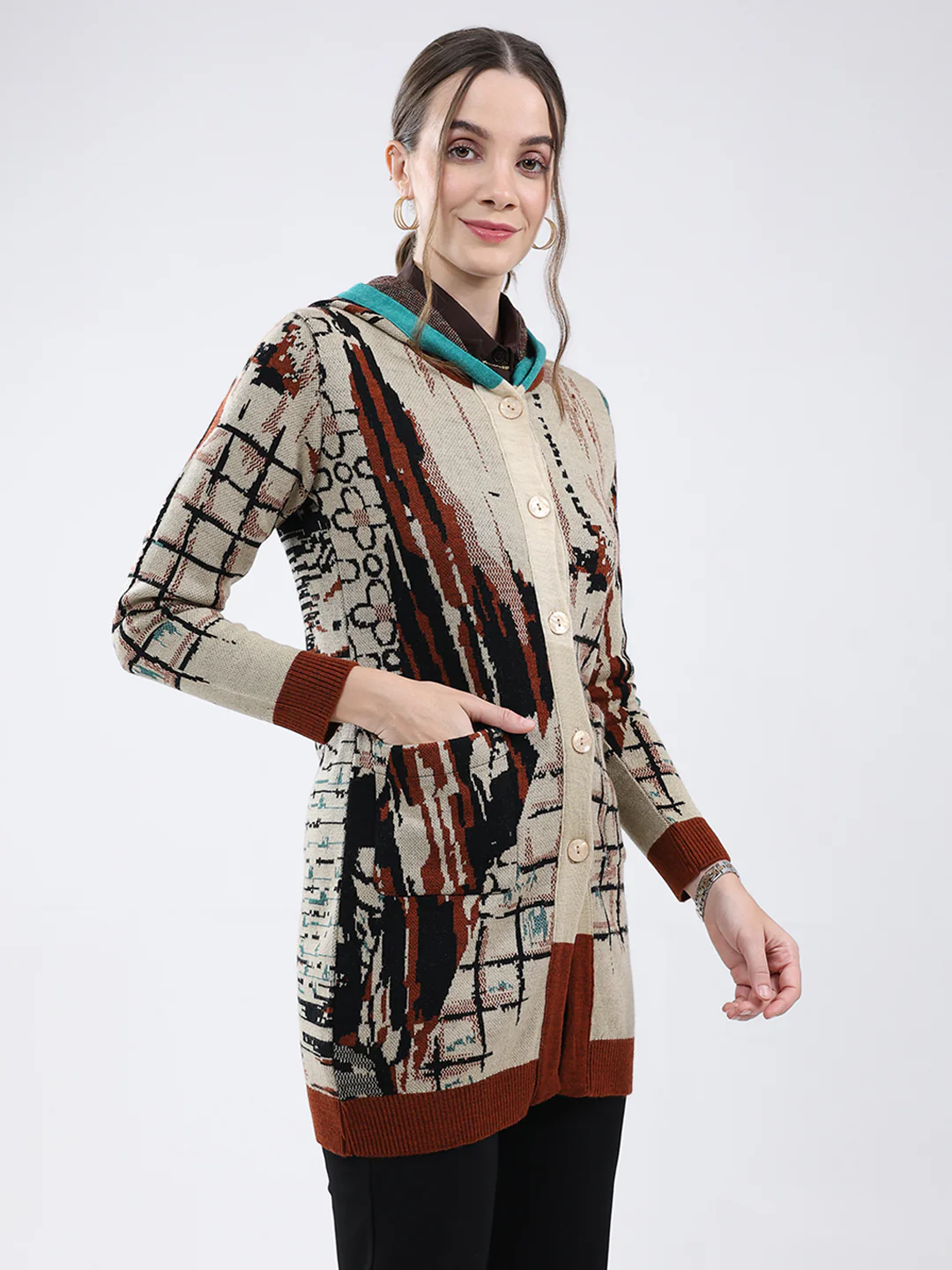 Women Rust Self Design Hooded Full Sleeve Cardigan - Image 4