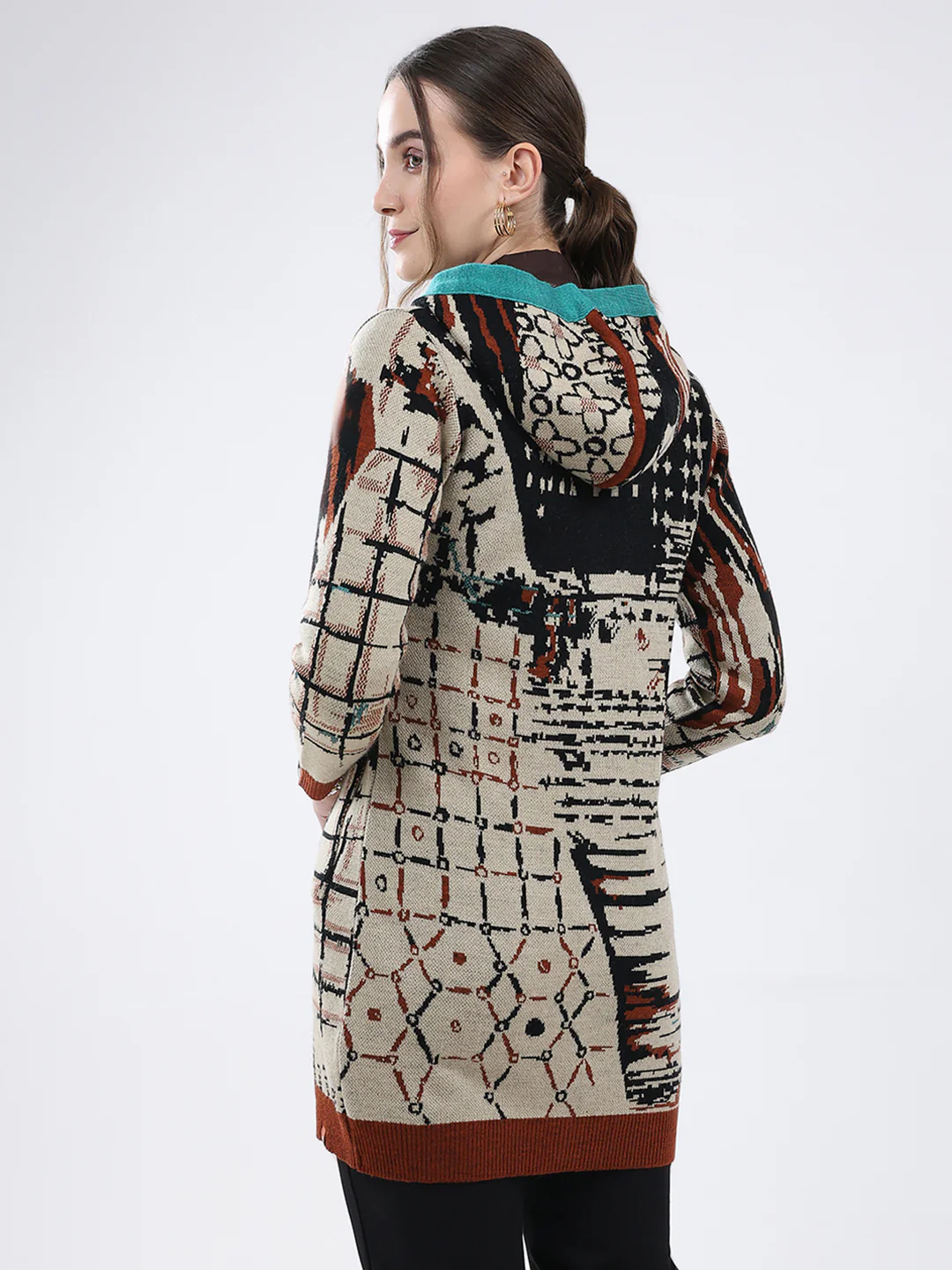 Women Rust Self Design Hooded Full Sleeve Cardigan - Image 5