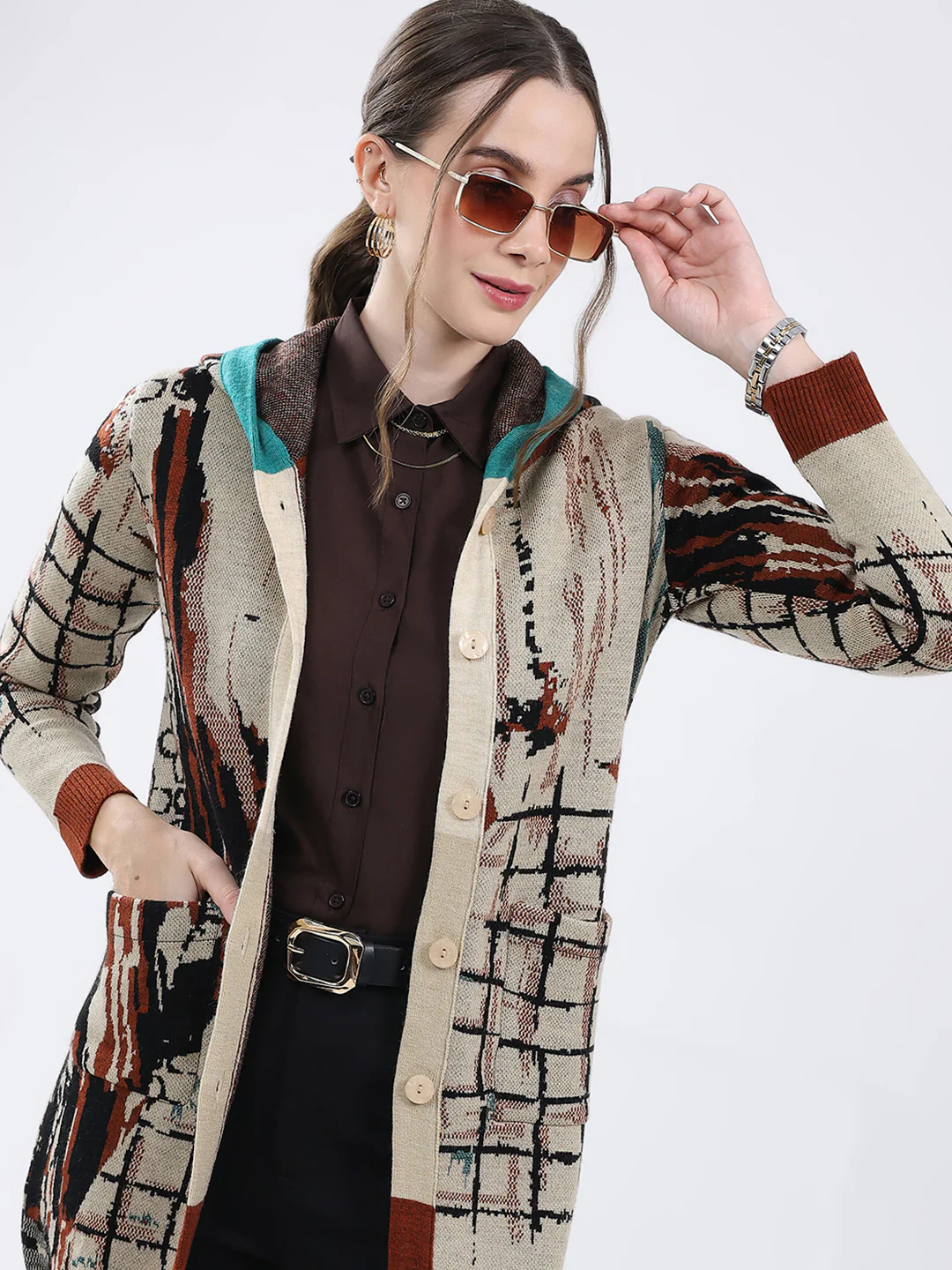 Women Rust Self Design Hooded Full Sleeve Cardigan - Image 6