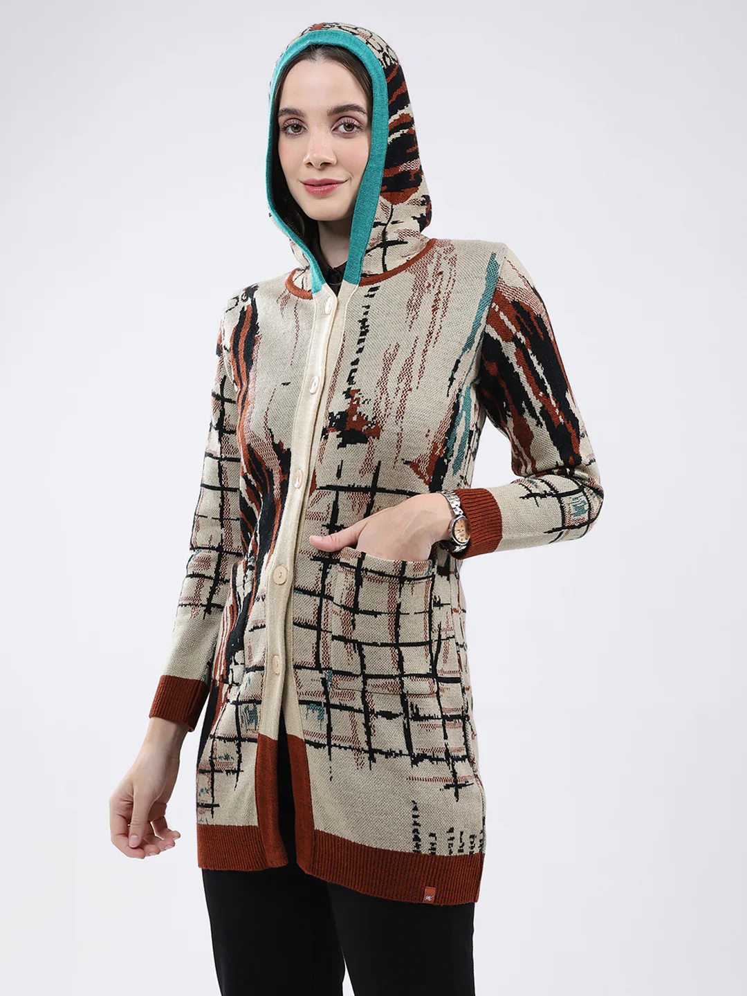 Women Rust Self Design Hooded Full Sleeve Cardigan - Image 7