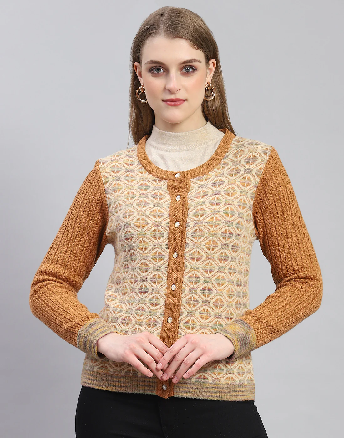 Women Rust Self Design Round Neck Full Sleeve Cardigan - Image 2