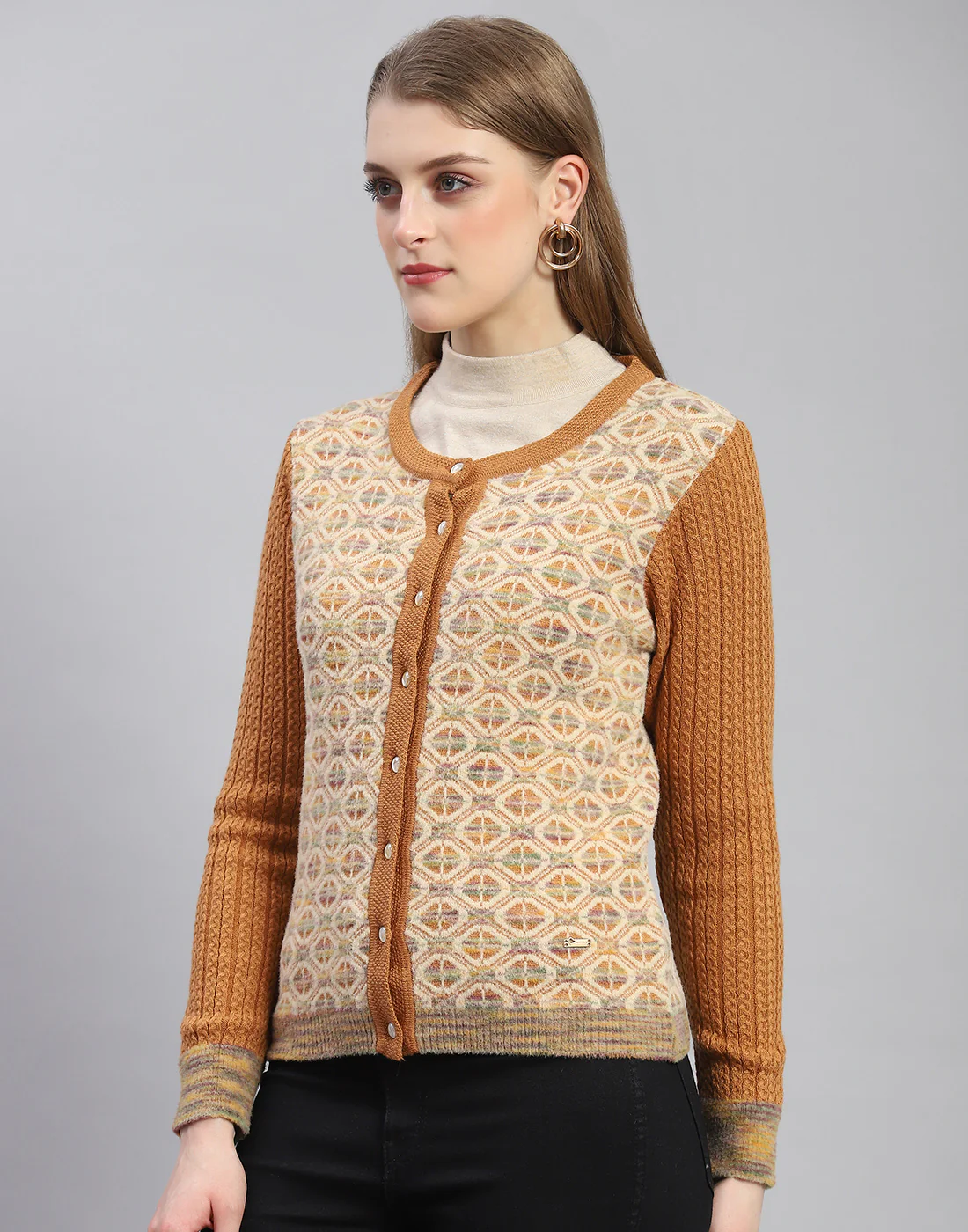 Women Rust Self Design Round Neck Full Sleeve Cardigan - Image 3