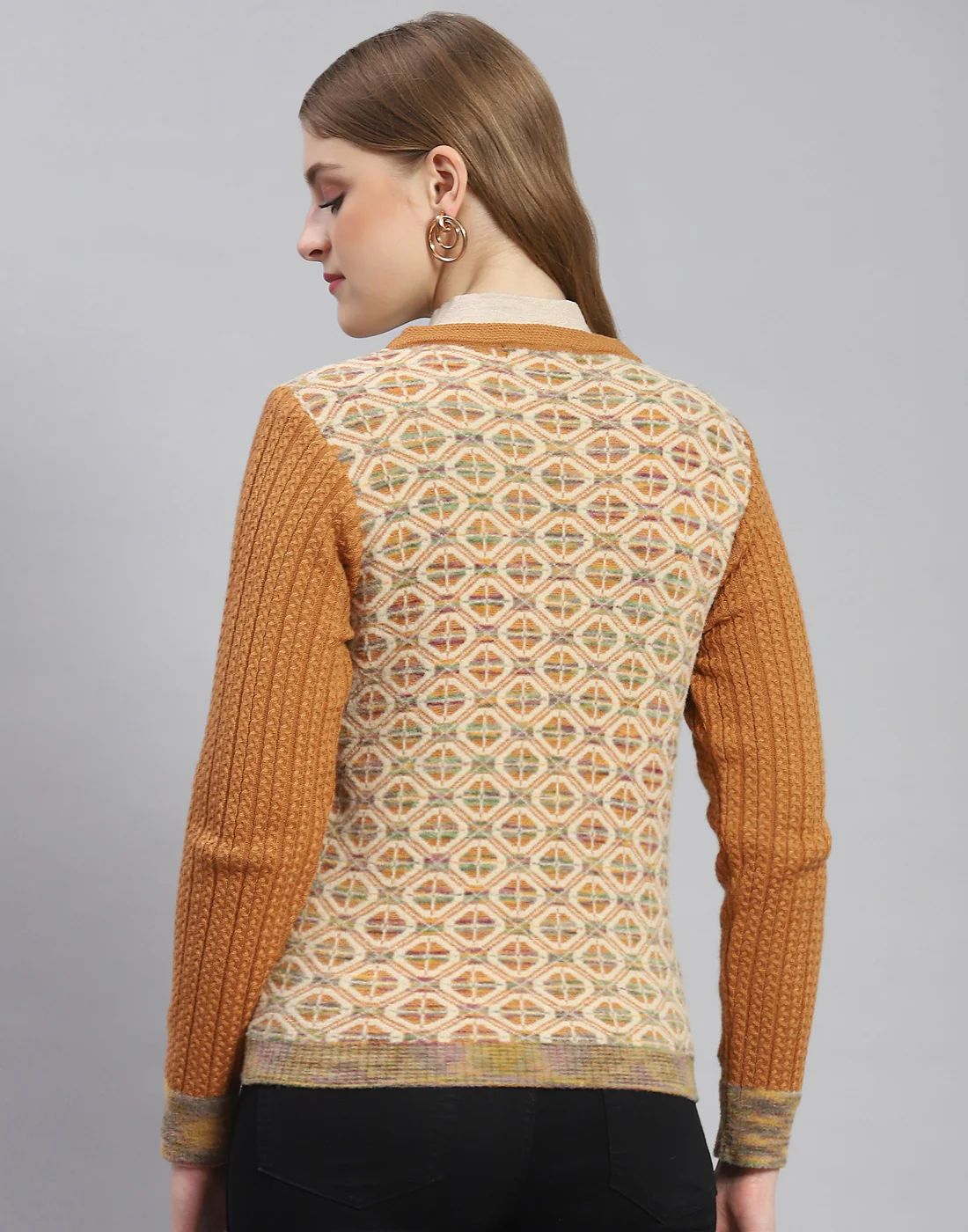 Women Rust Self Design Round Neck Full Sleeve Cardigan - Image 5