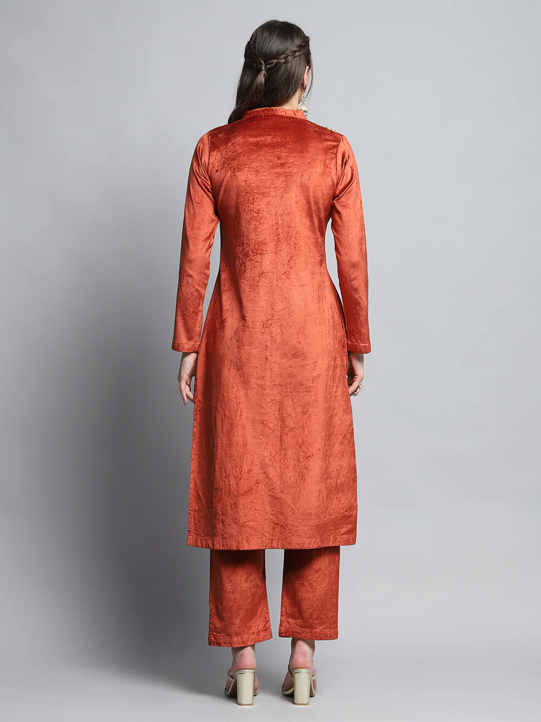 Women Rust Self Design Round Neck Full Sleeve Kurti Set for Winter - Image 2