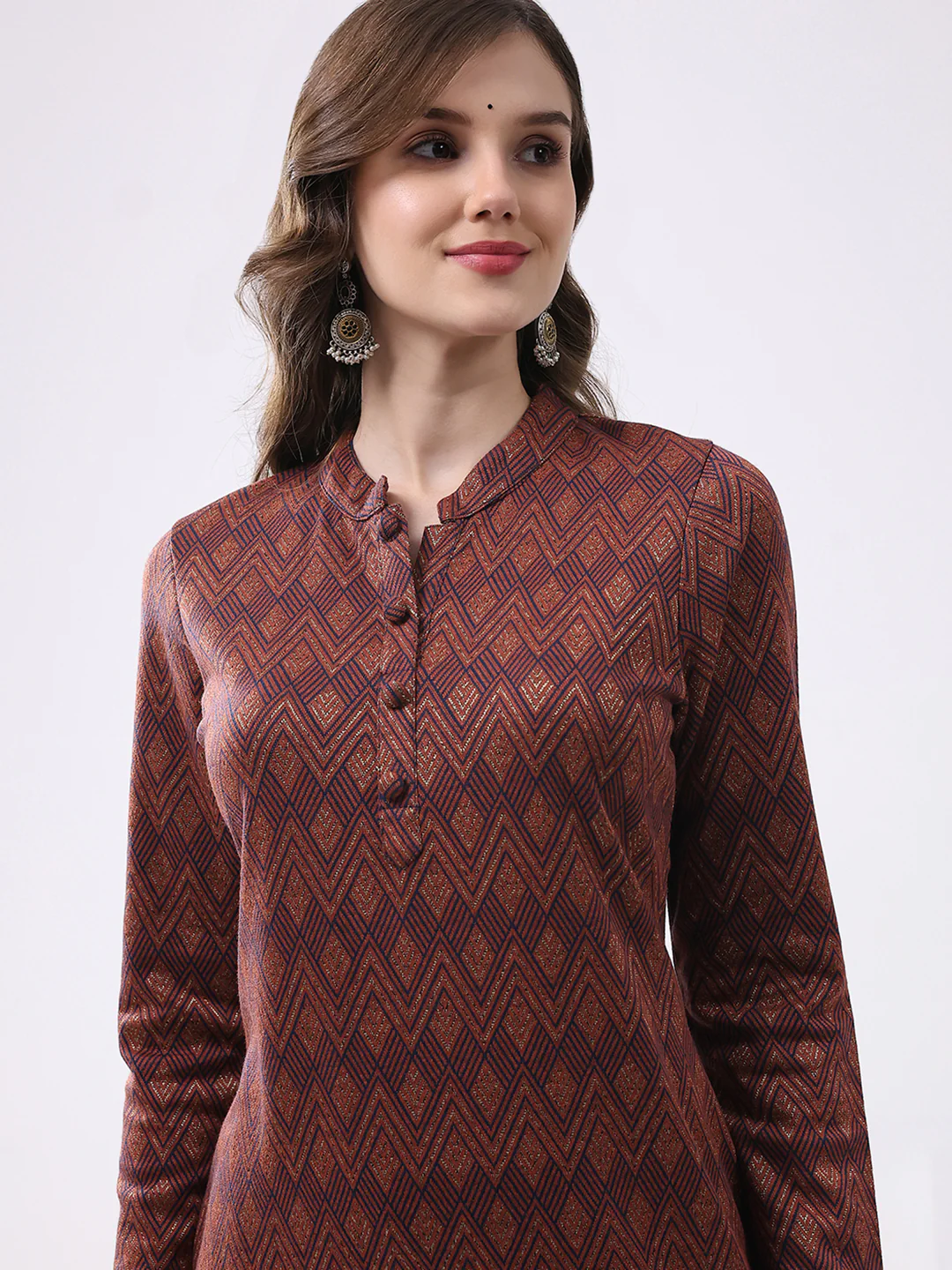 Women Rust Self Design Round Neck Full Sleeve Winter Kurti - Image 6