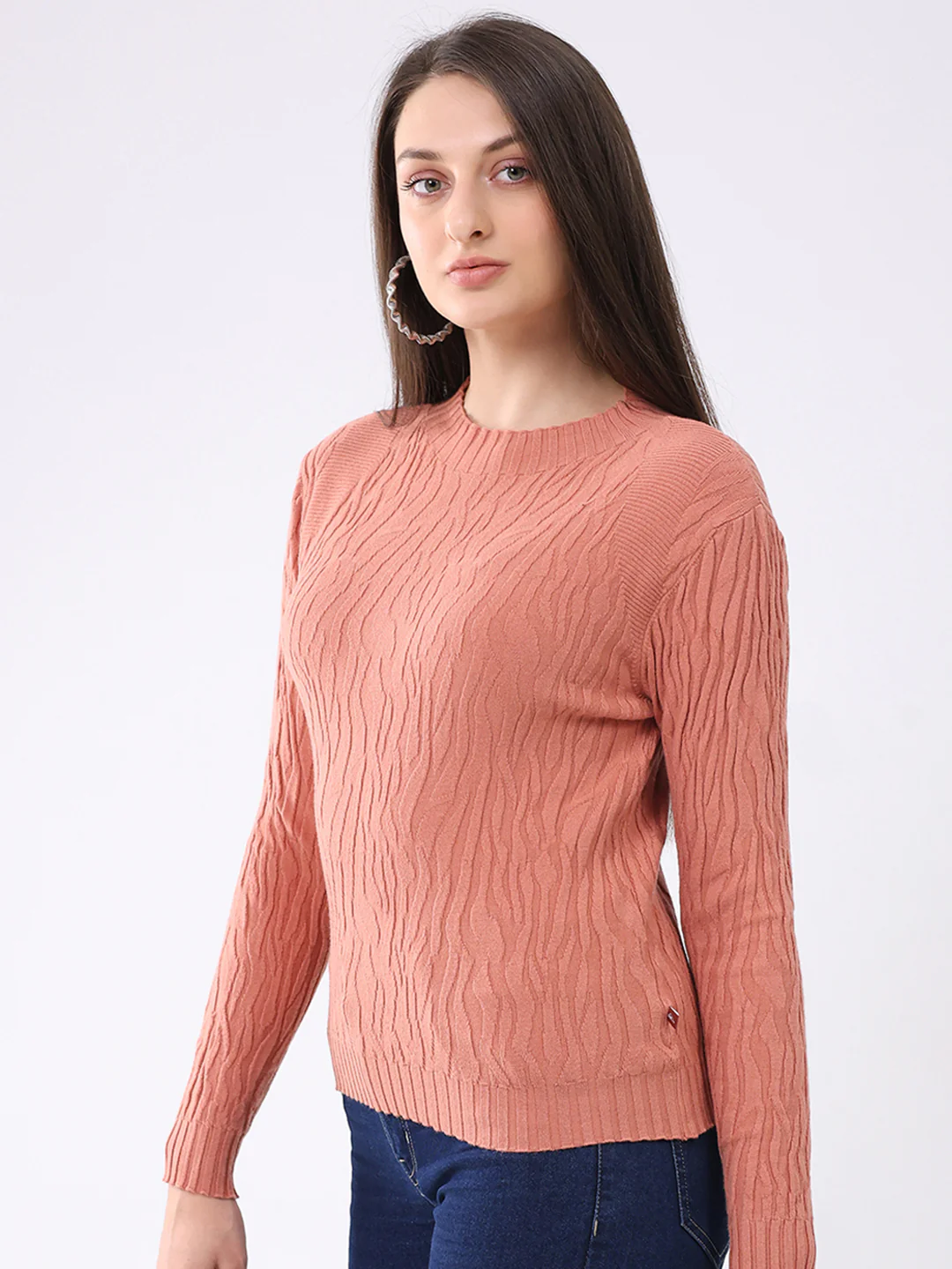 Women Rust Self Design Round Neck Full Sleeve Winter Top - Image 3
