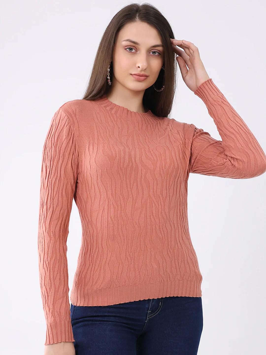 Women Rust Self Design Round Neck Full Sleeve Winter Top - Image 4