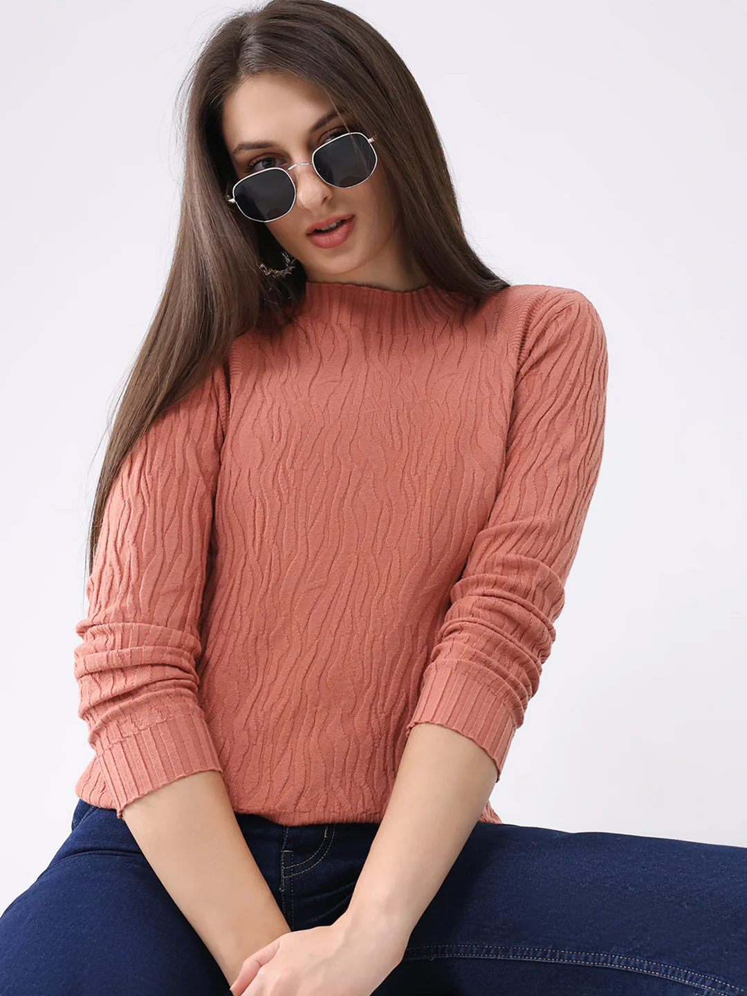 Women Rust Self Design Round Neck Full Sleeve Winter Top - Image 6