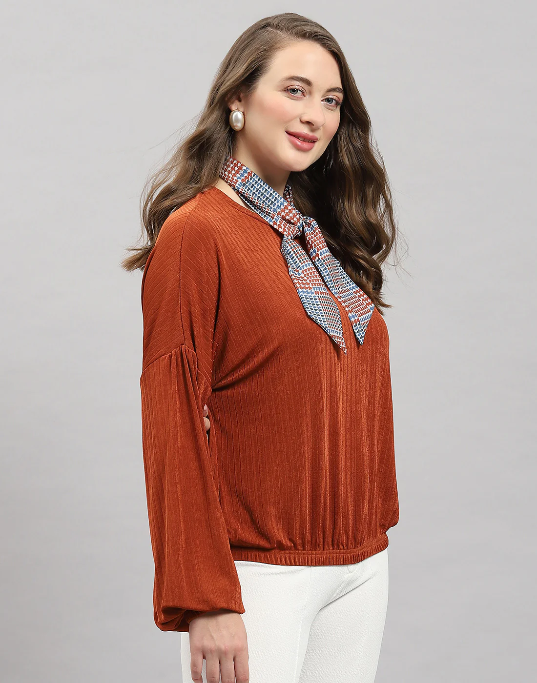 Women Rust Self Design Round Neck Full Sleeve Winter Top - Image 4