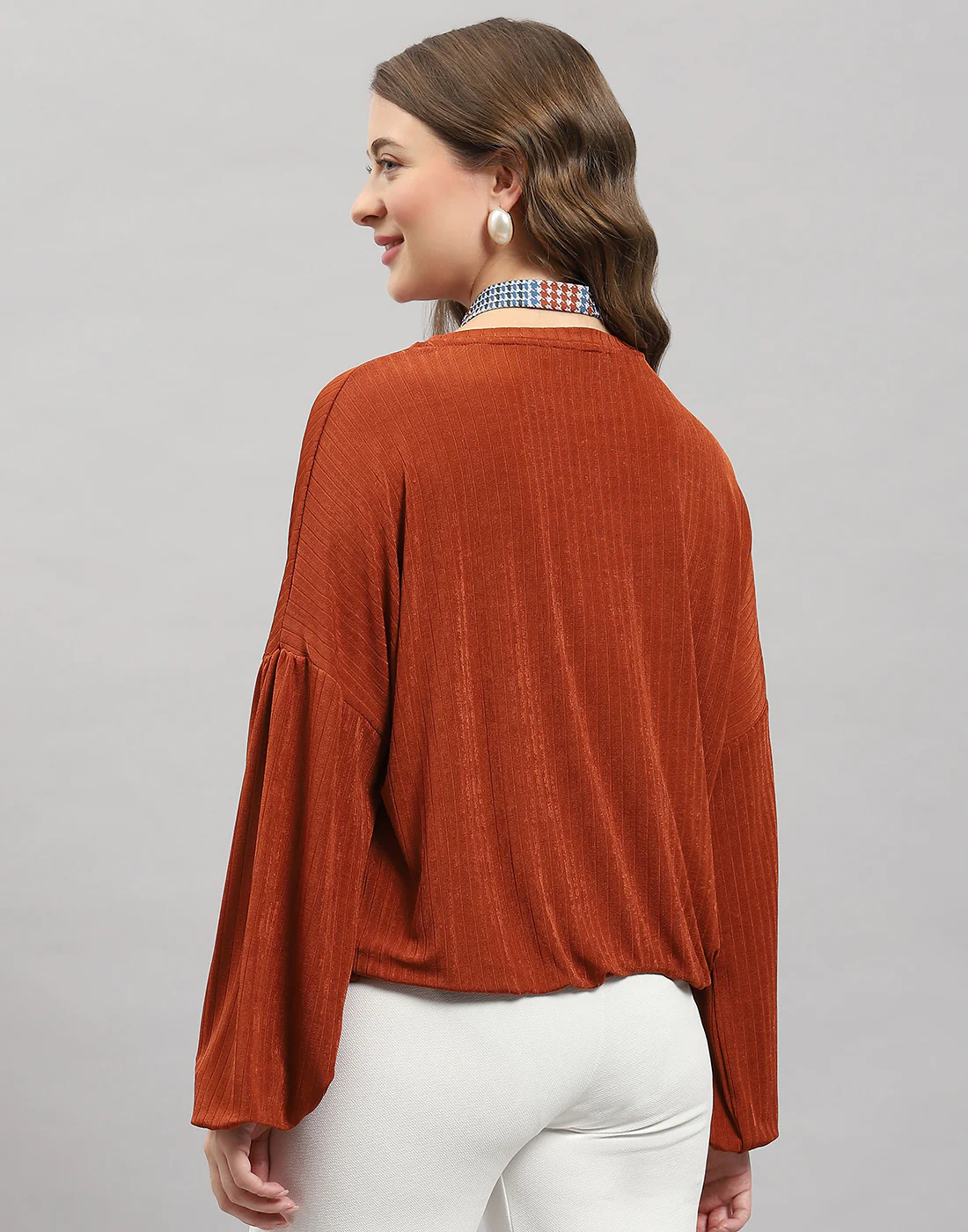 Women Rust Self Design Round Neck Full Sleeve Winter Top - Image 5