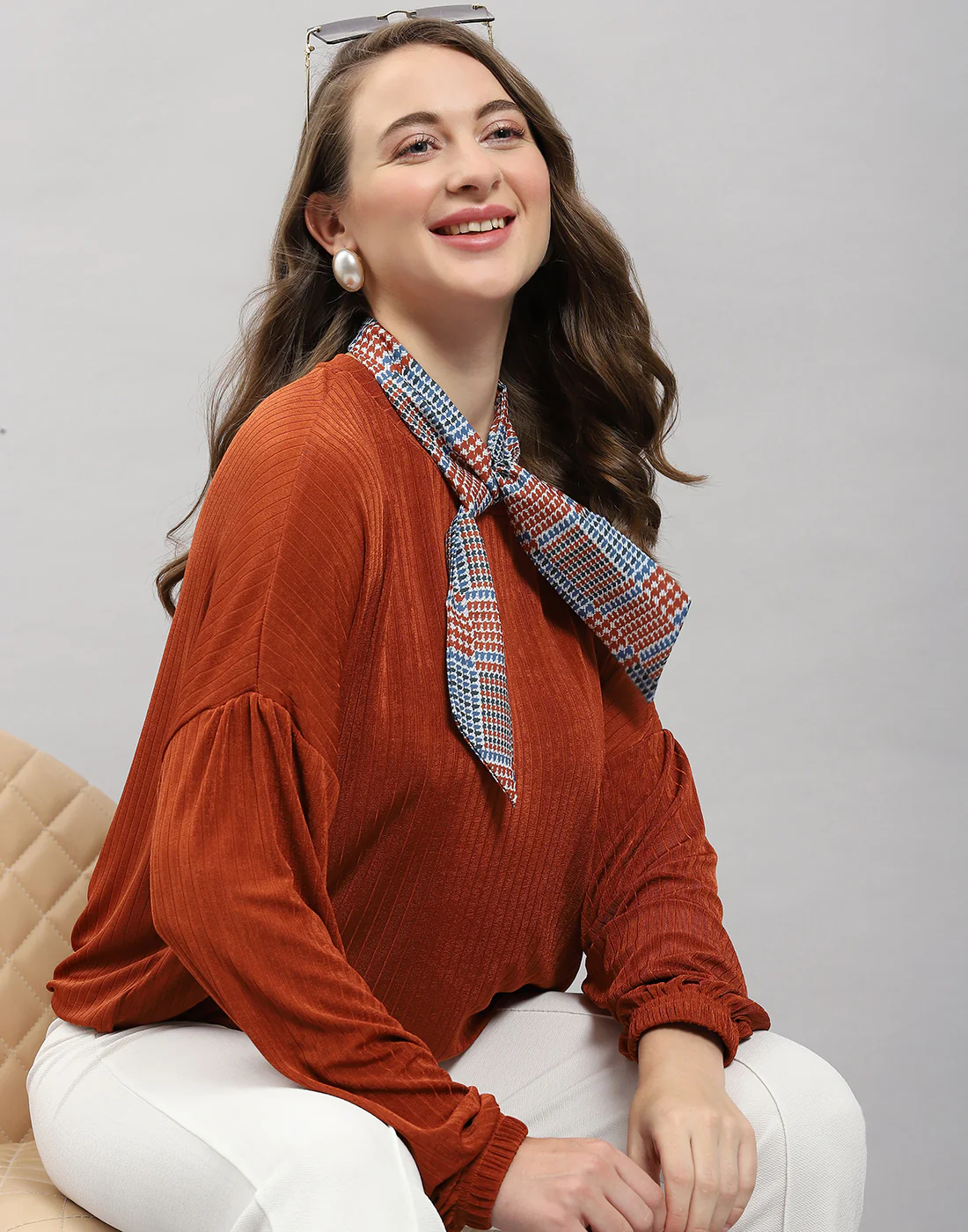 Women Rust Self Design Round Neck Full Sleeve Winter Top - Image 6